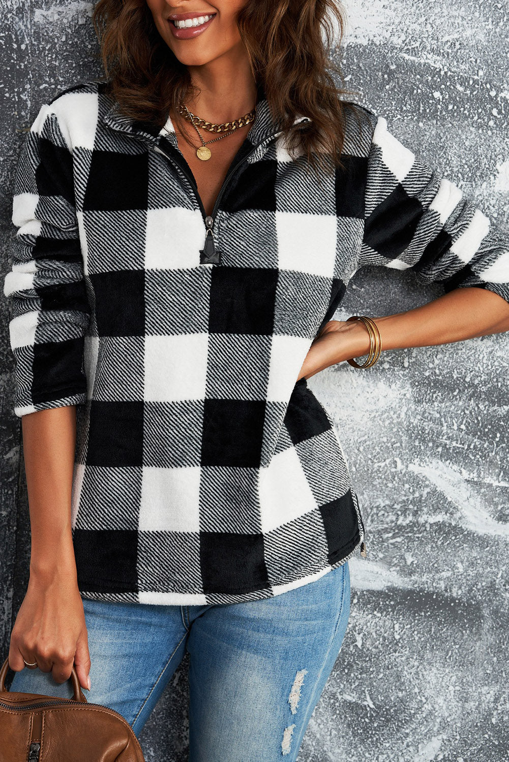 Black Plaid Print 1/4 Zip Turn-down Collar Sweatshirt