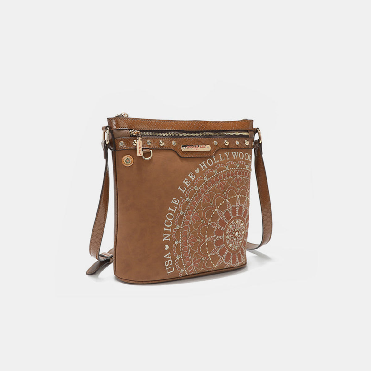 The Nicole Lee USA Metallic Stitching Embroidery Inlaid Rhinestone Crossbody Bag is a brown vegan leather accessory adorned with intricate white designs and text reading "Nicole Lee Hollywood USA" on the front. It features diamond rhinestones, multiple zippered compartments, and an adjustable strap.