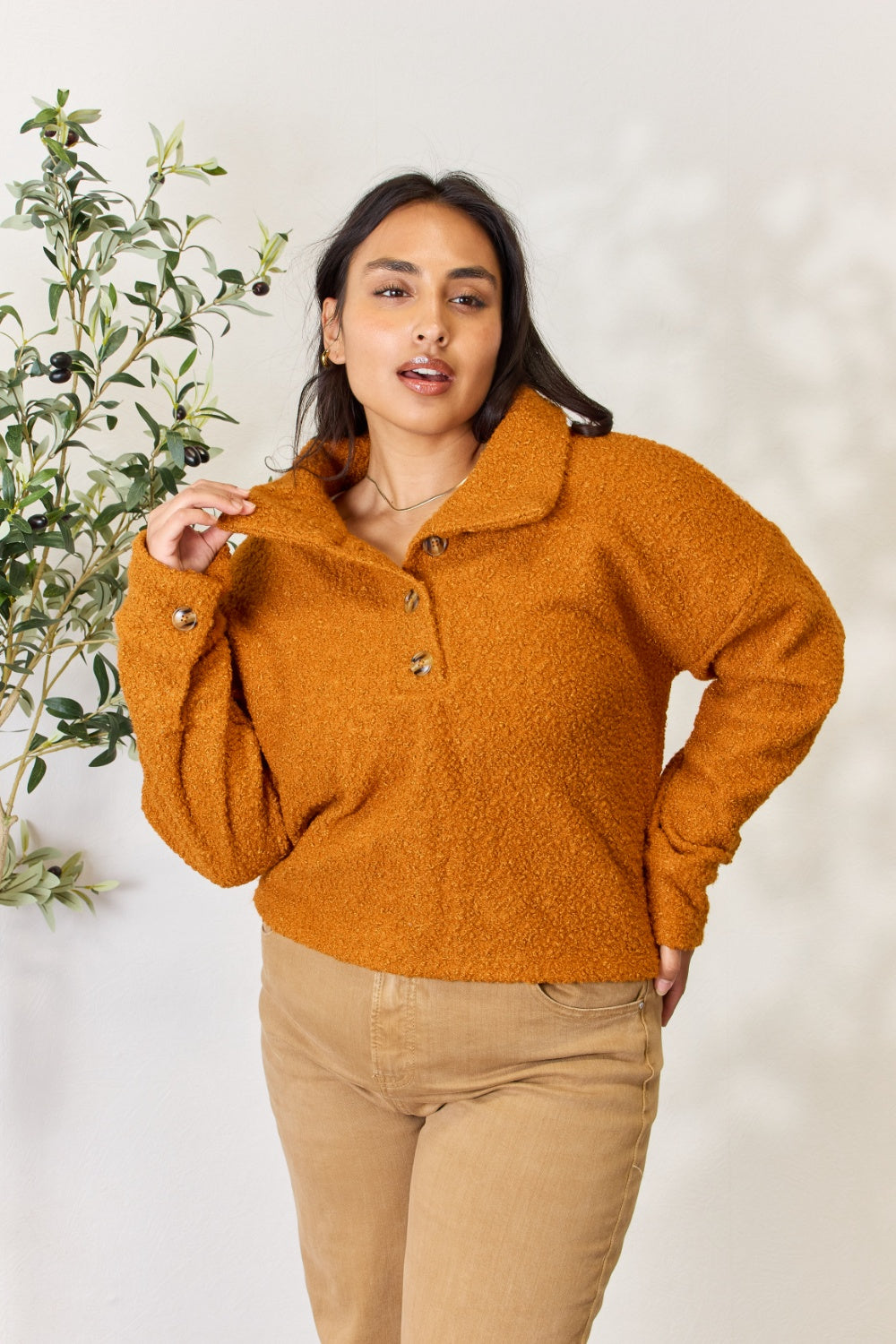 A person wears a brown textured Culture Code Full Size Half Button Turtleneck Sweatshirt made from breathable fabrics and tan pants, standing next to a leafy plant against a light background.