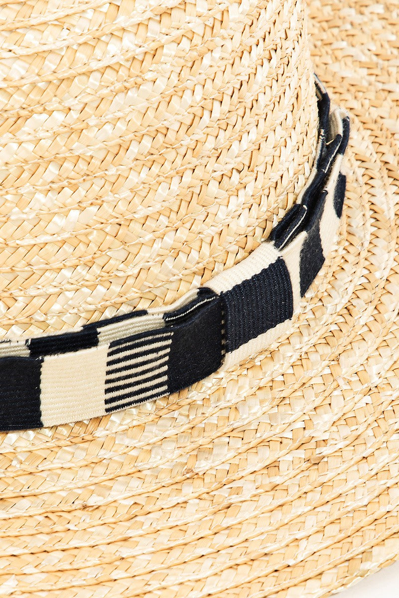 The Fame Strap Wide Brim Straw Hat, perfect for sun protection, boasts a broad brim and features a stylish black and white striped band around the crown, making it an ideal accessory for summer.