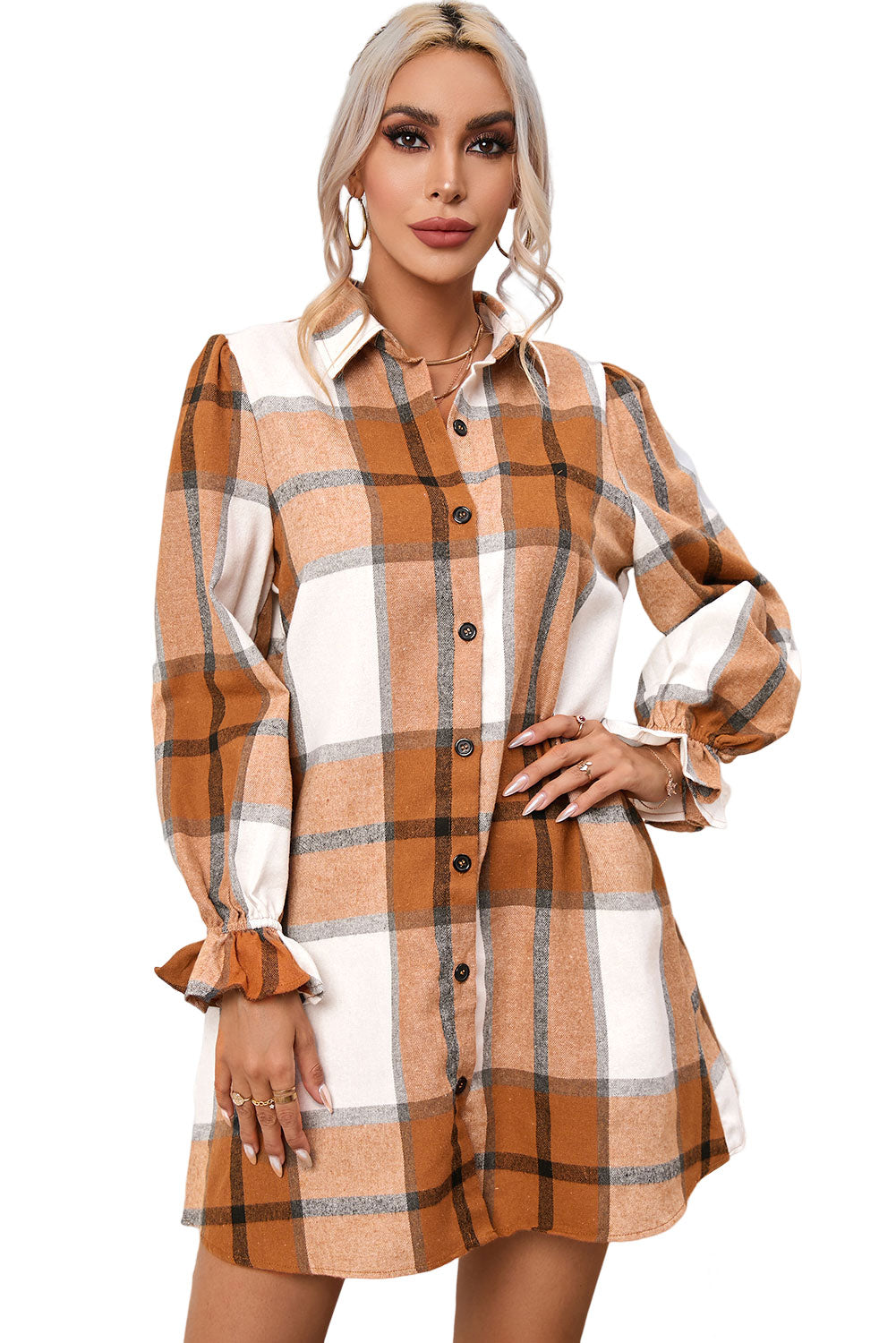A woman wearing a Khaki Plaid Pattern Collared Neck Ruffled Sleeve Shirt Dress.