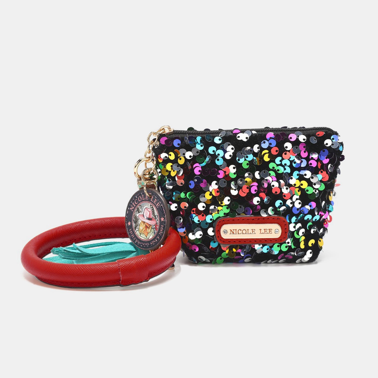 The Nicole Lee USA Sequin Pouch Wristlet Keychain features a black sequin coin purse attached to a red, round keychain holder, combining both fashion and functionality.