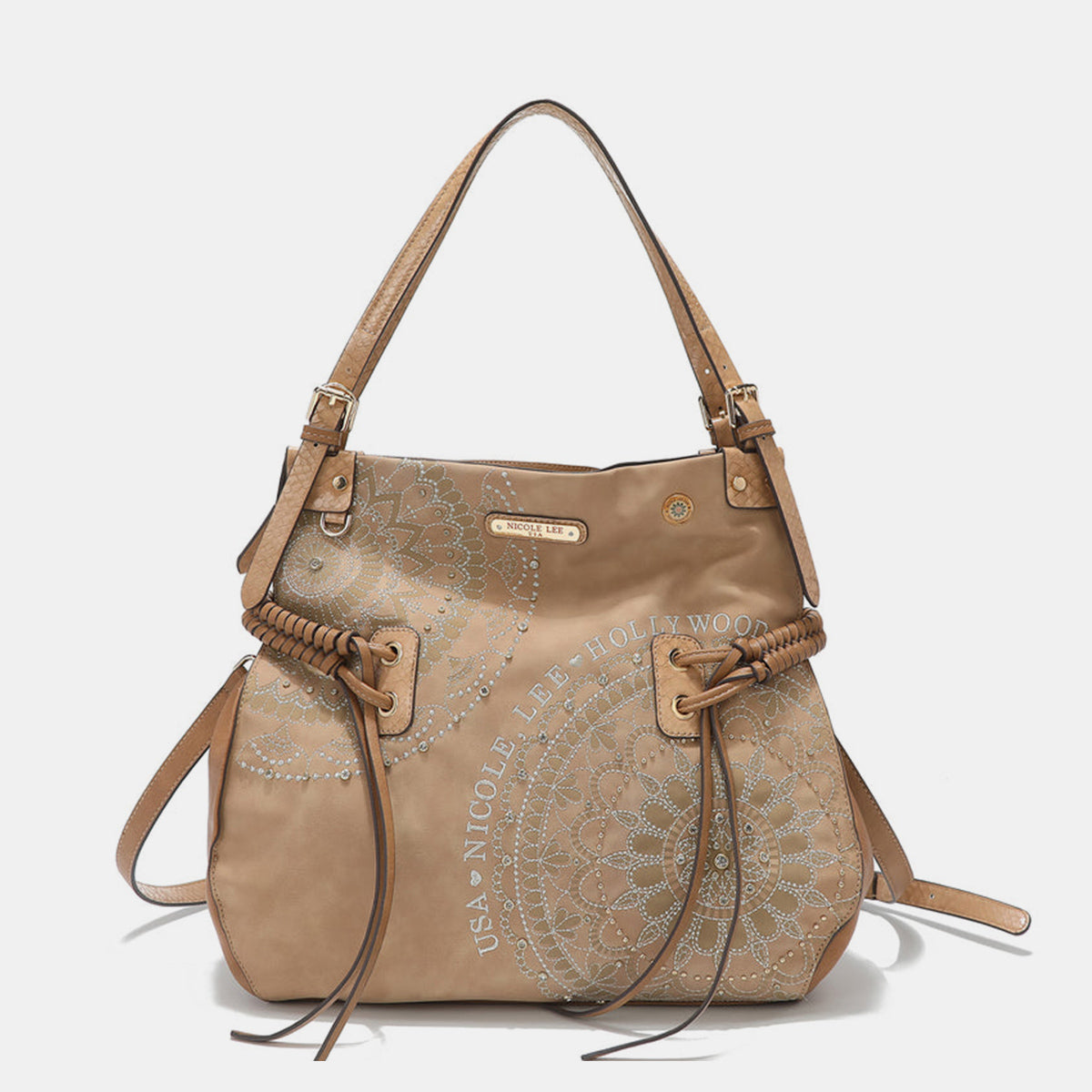 The Nicole Lee USA Side Braided Tassel Inlaid Rhinestone Embroidery Hobo Bag features intricately designed white mandala patterns on brown vegan leather, along with "Nicole Lee Hollywood USA" text. It includes top handles and decorative braided accents, as well as adjustable dual shoulder straps for added versatility.