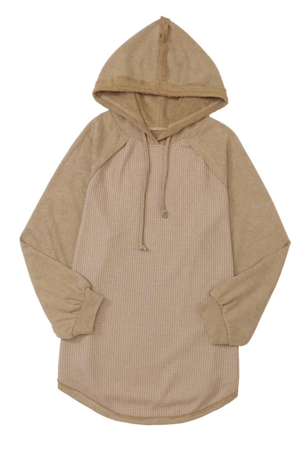 A person with long blonde hair stands facing away from the camera, wearing a trendy Khaki Waffled Expose Seam Drawstring Hoodie.