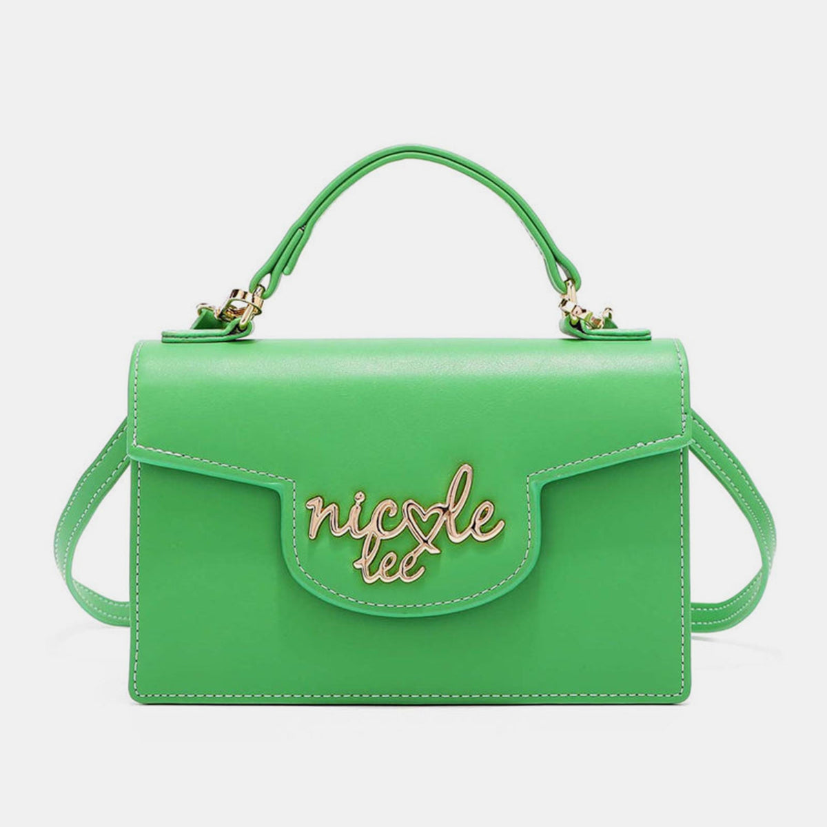 The Nicole Lee USA Small Crossbody Wallet in bright yellow features a handle and flap closure, accented with "nicole lee" in metallic letters on the front. It also includes an adjustable crossbody strap for versatile wear.