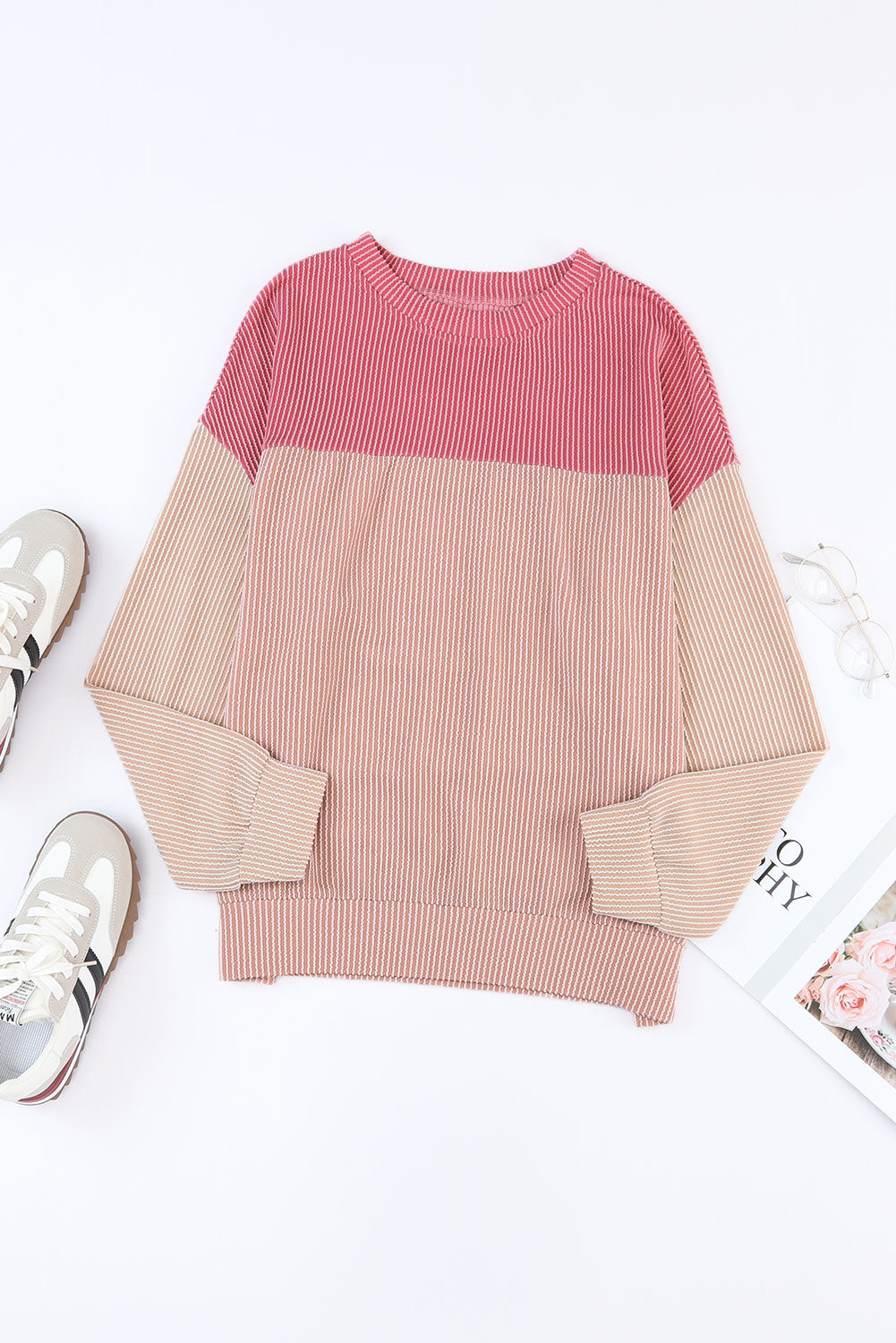 Wholesale Black Color Block Corduroy Long Sleeve Tops.