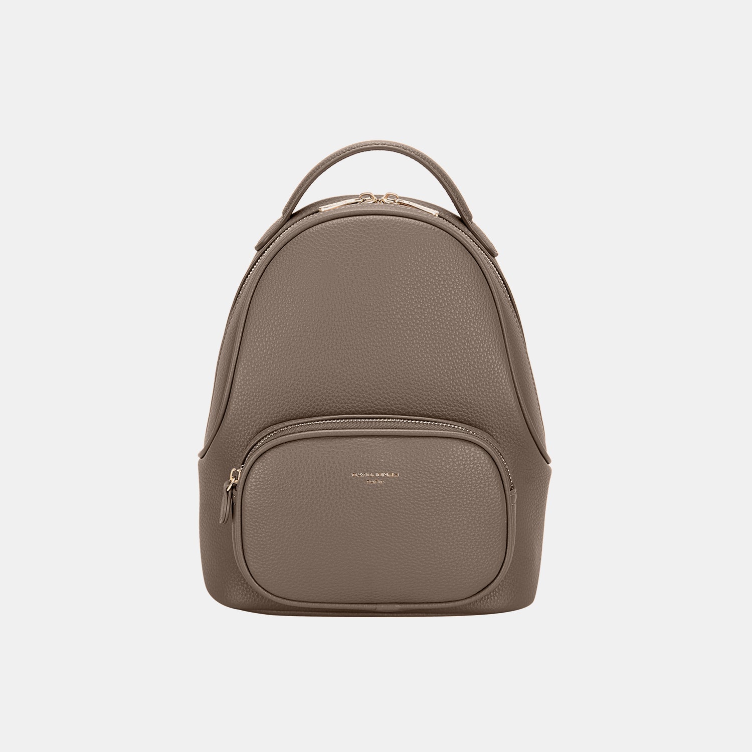 The David Jones PU Leather Handle Backpack is a stylish and versatile accessory in gray, crafted from textured leather with a small front pocket and gold zipper detailing. It effortlessly combines practicality and elegance with its durable PU leather handle.