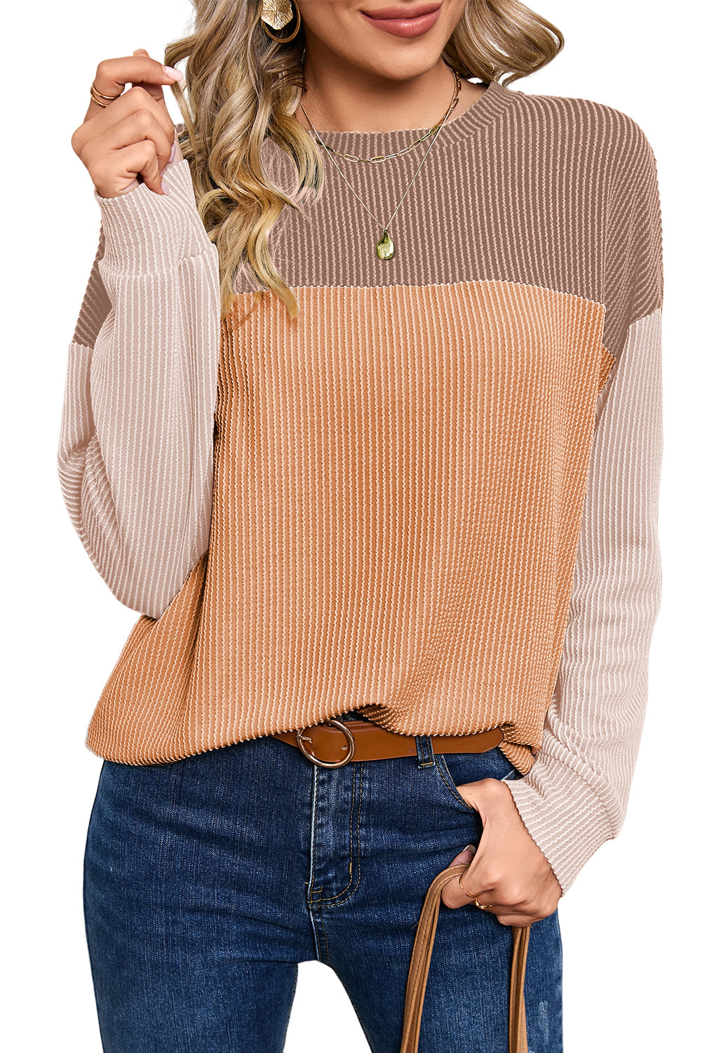 Wholesale Black Color Block Corduroy Long Sleeve Tops.