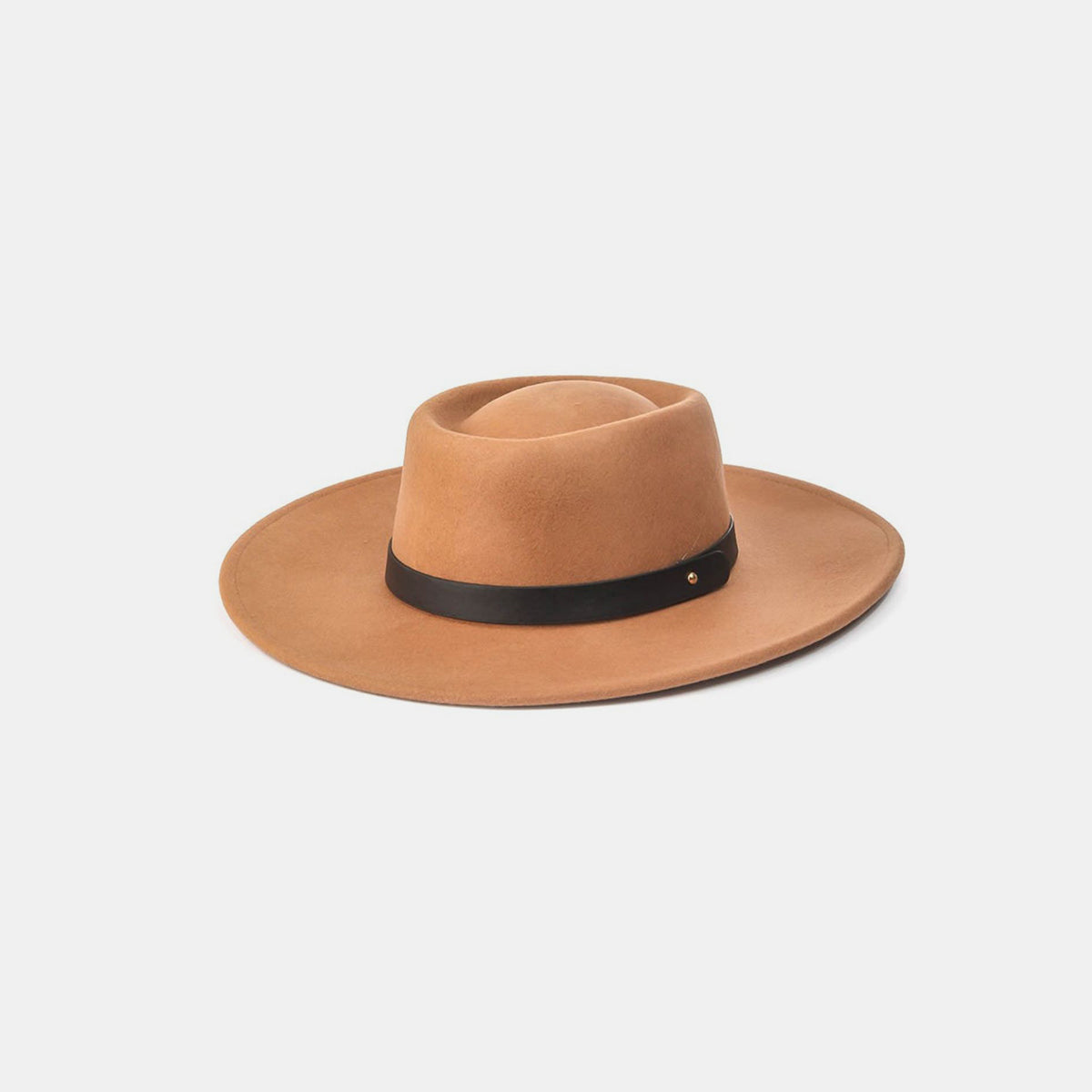 The Fame Flat Brim Strap Pork Pie Hat, featuring a fashionable wide-brimmed tan design accented with a black band, is showcased against a plain white background.