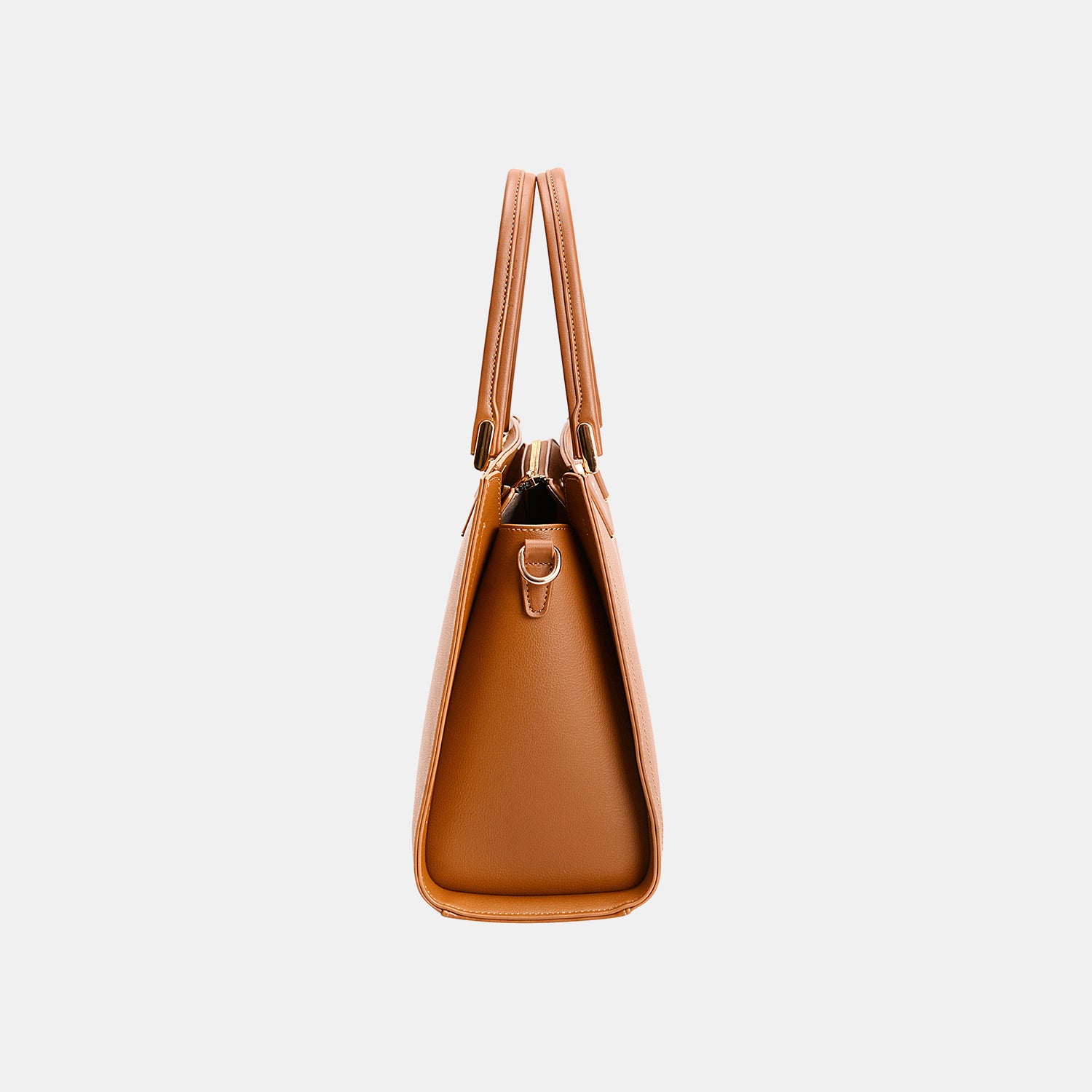 Introducing the David Jones PU Leather Medium Handbag, a chic accessory crafted from tan leather, showcasing dual handles and refined stitching details against a plain background.