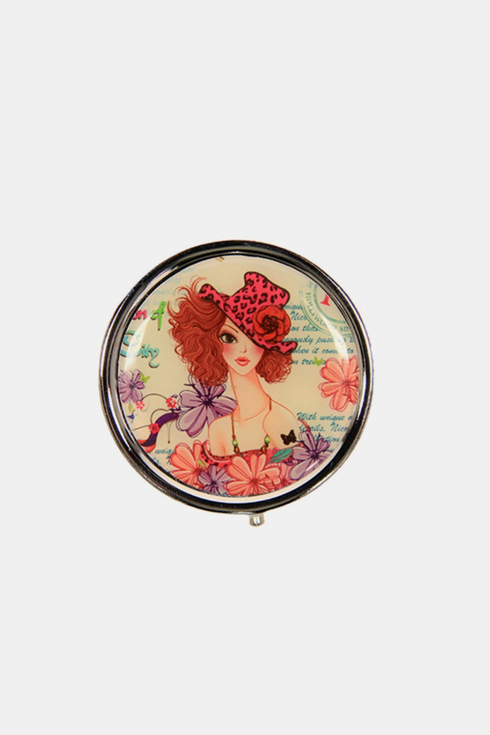 The Nicole Lee USA Print Metallic Circular Large Pill Case is a round pill case adorned with an illustration of a dog and cat driving an old-fashioned car, set against a backdrop of colorful city landmarks and signs. It's perfect for on-the-go medication management.