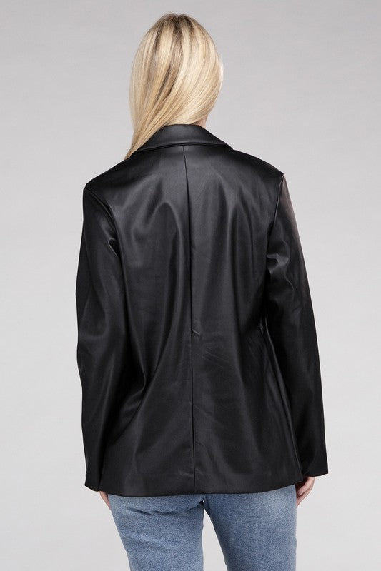 A person with long blonde hair wears the Sleek Pu Leather Blazer with Front Closure over a black top, standing against a plain background.