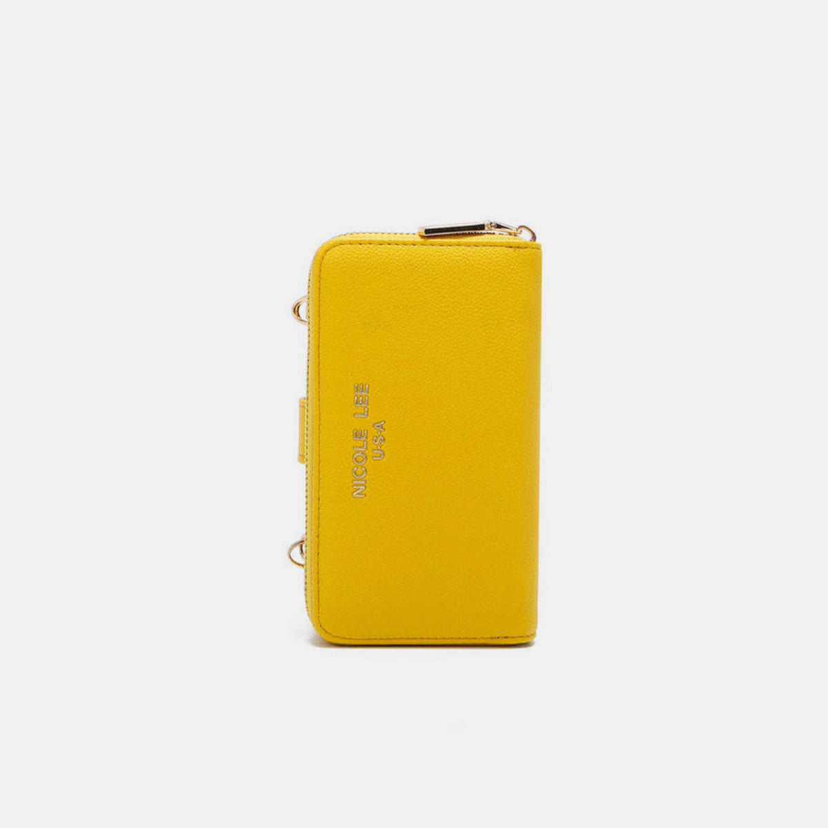 A yellow Nicole Lee USA 2 Piece Phone Case Crossbody Wallet, crafted from vegan leather, with a detachable strap and a snap button closure, displayed against a white background.