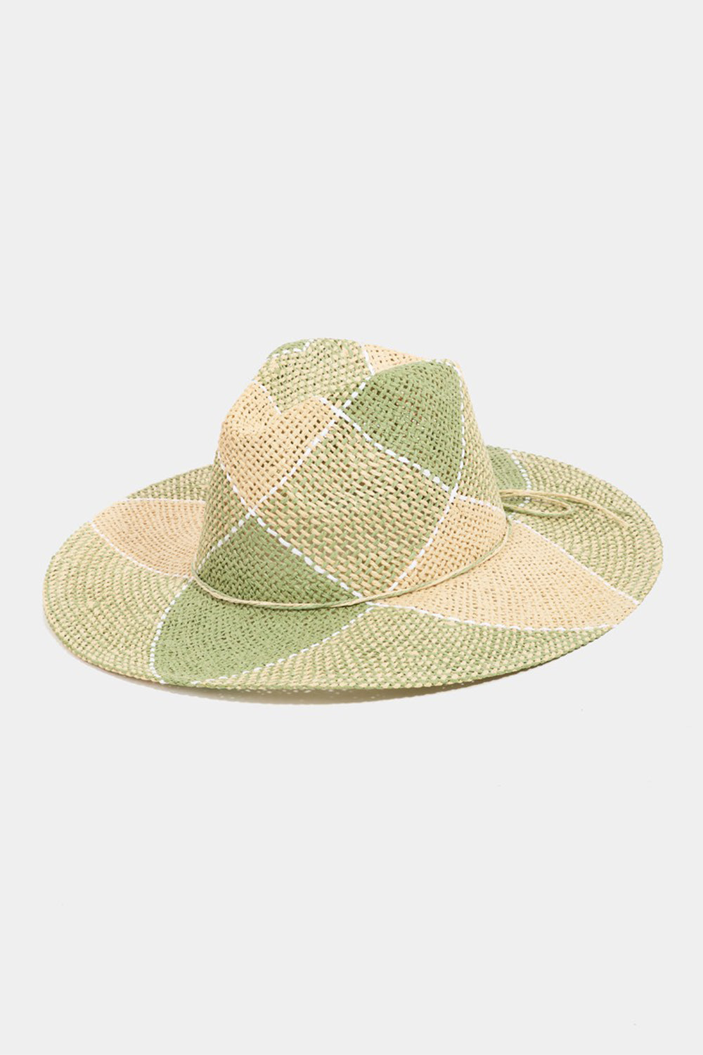 Introducing the Fame Contrast Straw Braid Hat—a wide-brimmed woven straw hat featuring a distinctive green and beige checkered pattern on a white background, designed to provide excellent sun protection.