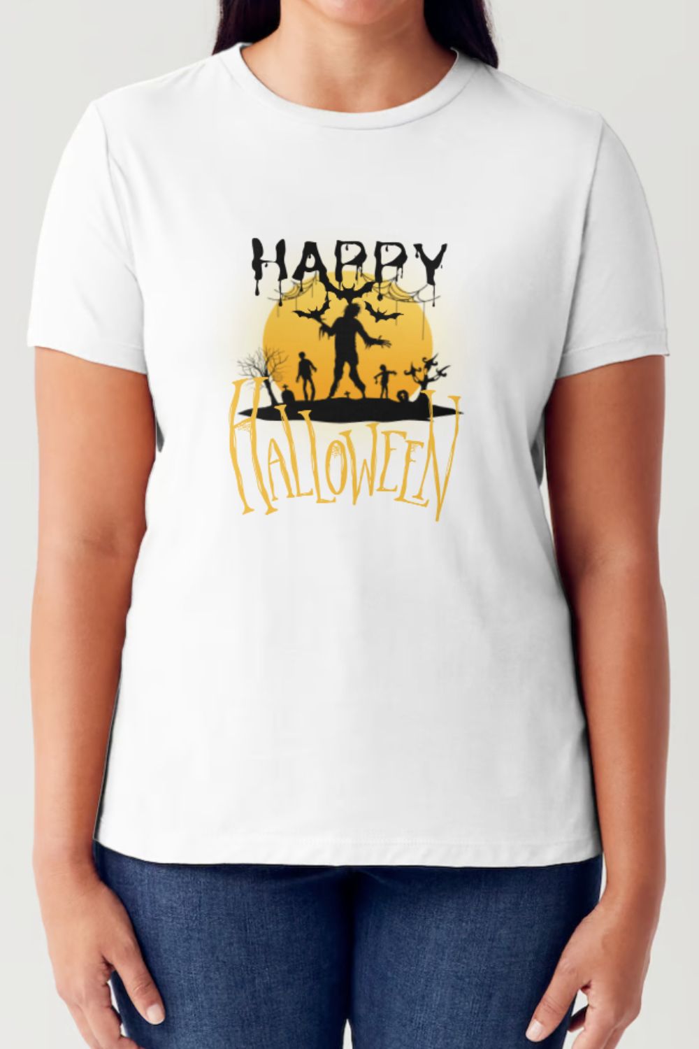 A person is wearing the Simply Love Full Size HAPPY HALLOWEEN Short Sleeve Tubular T-Shirt, with a festive fall wardrobe vibe. The Halloween-themed design showcases a spooky scene with bats, a full moon, and silhouettes of trick-or-treaters.