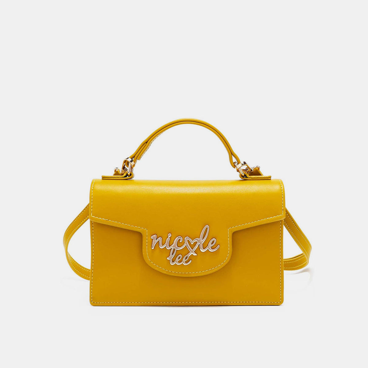 The Nicole Lee USA Small Crossbody Wallet in bright yellow features a handle and flap closure, accented with "nicole lee" in metallic letters on the front. It also includes an adjustable crossbody strap for versatile wear.