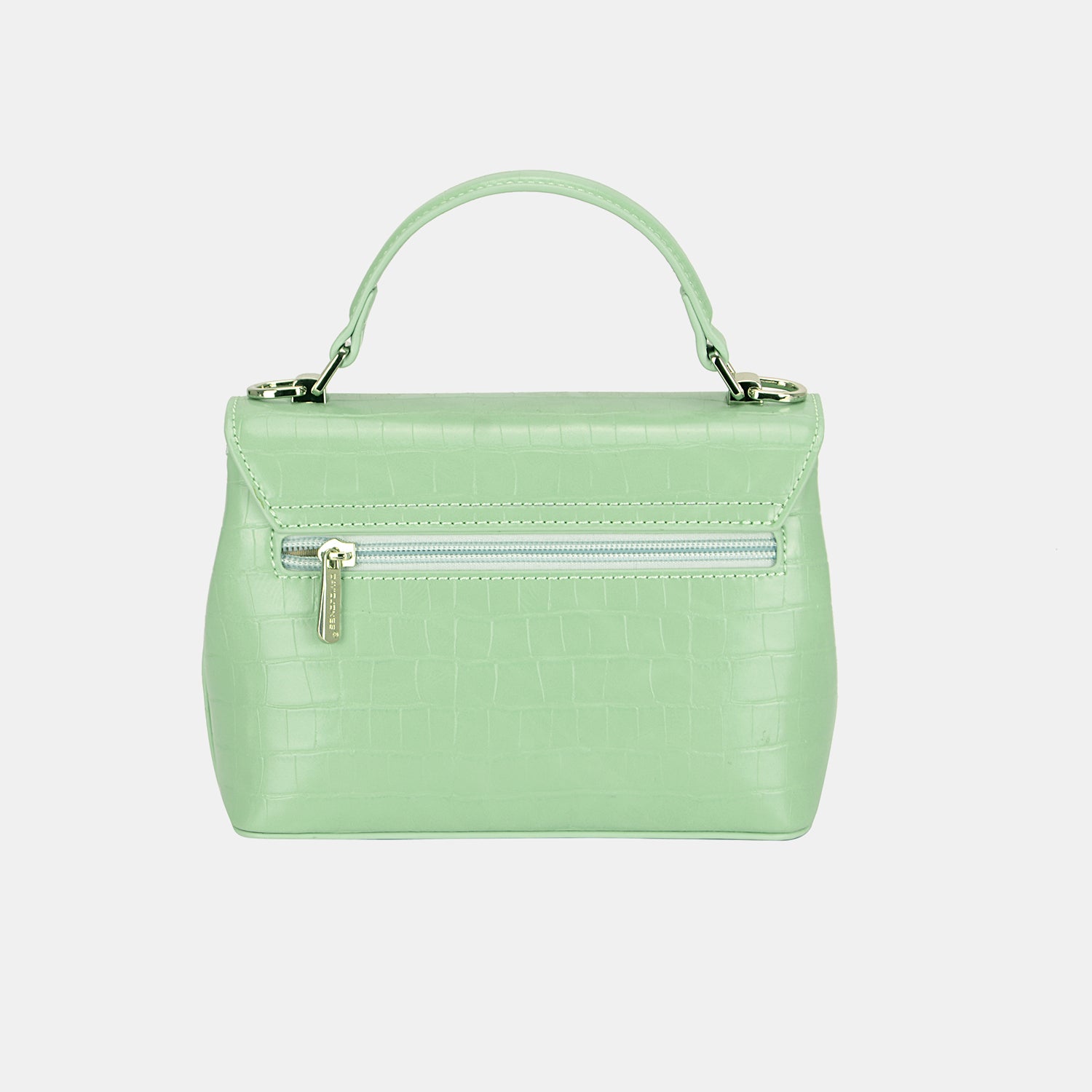 The David Jones Texture PU Leather Handbag is a small, stylish accessory featuring a crocodile texture in light green with textured PU leather. It includes a top handle and a silver clasp on the front flap, all set against a plain background.