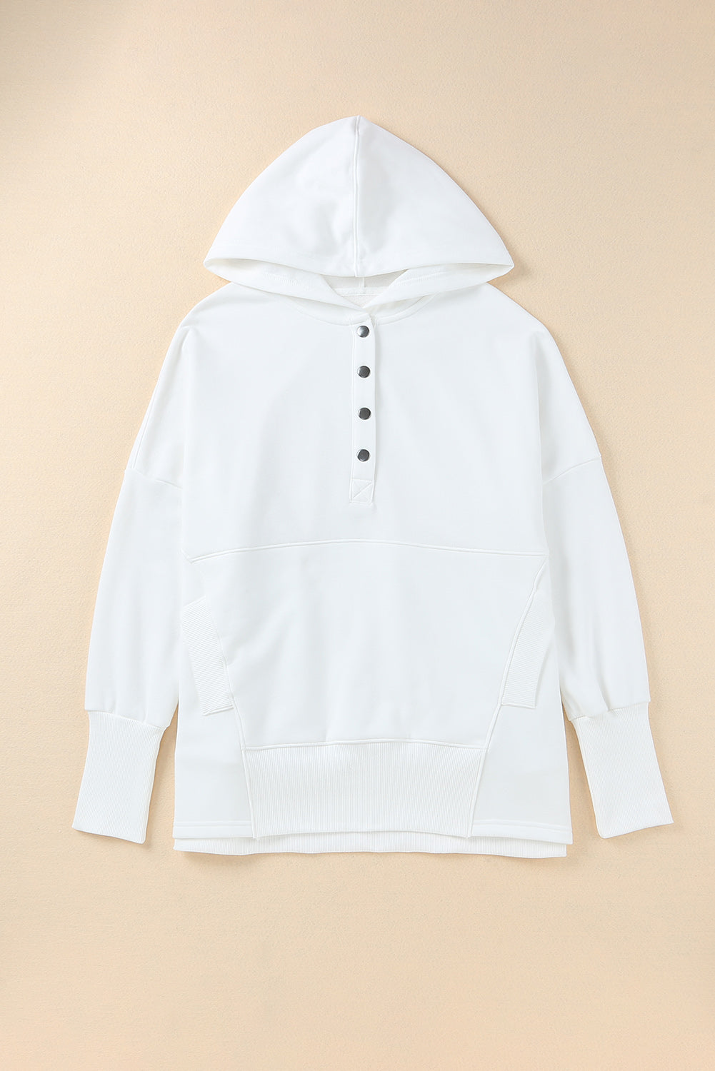 White Batwing Sleeve Pocketed Henley Hoodie