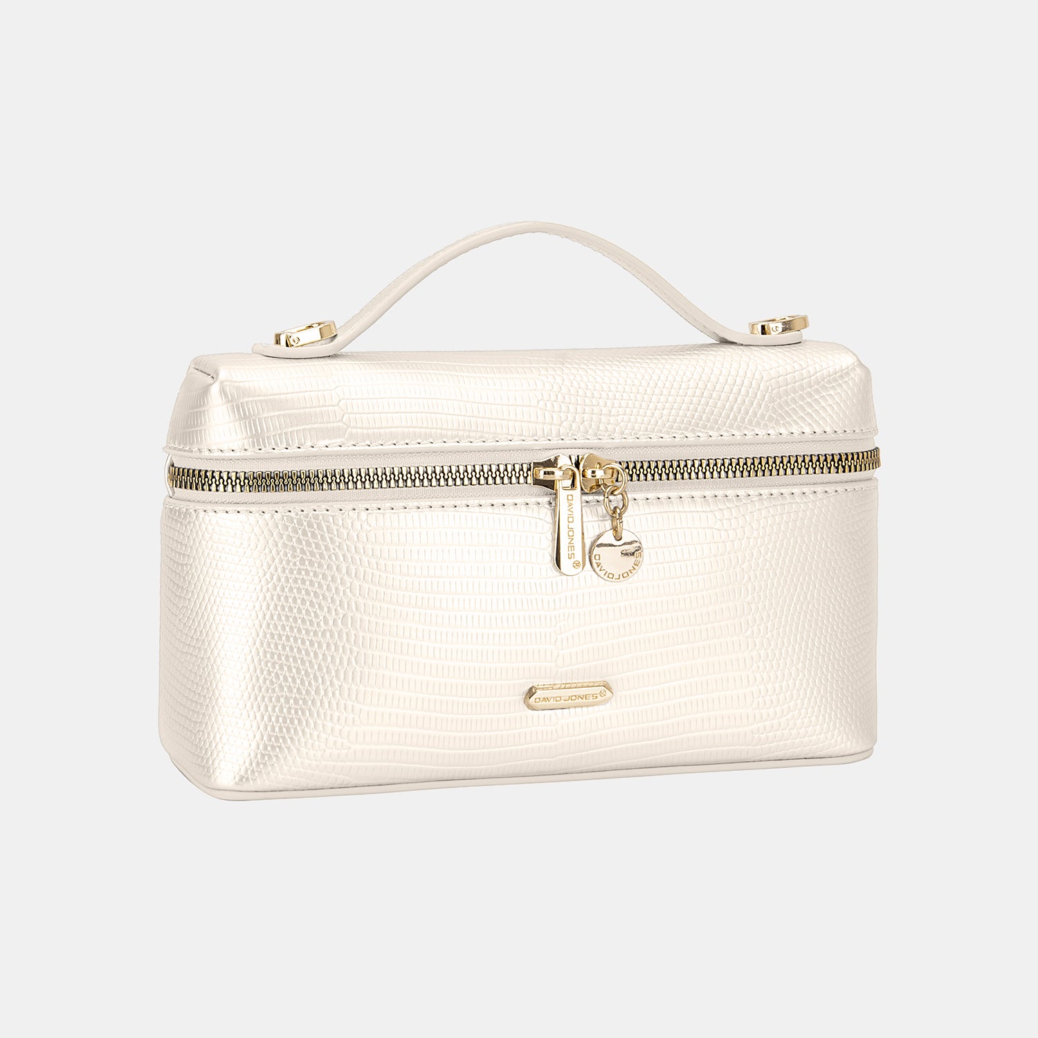 The David Jones Texture PU Leather Handbag is a cream-colored cosmetic bag featuring a convenient handle and is crafted from textured PU leather, complete with a gold zipper adorned with a small lock charm.