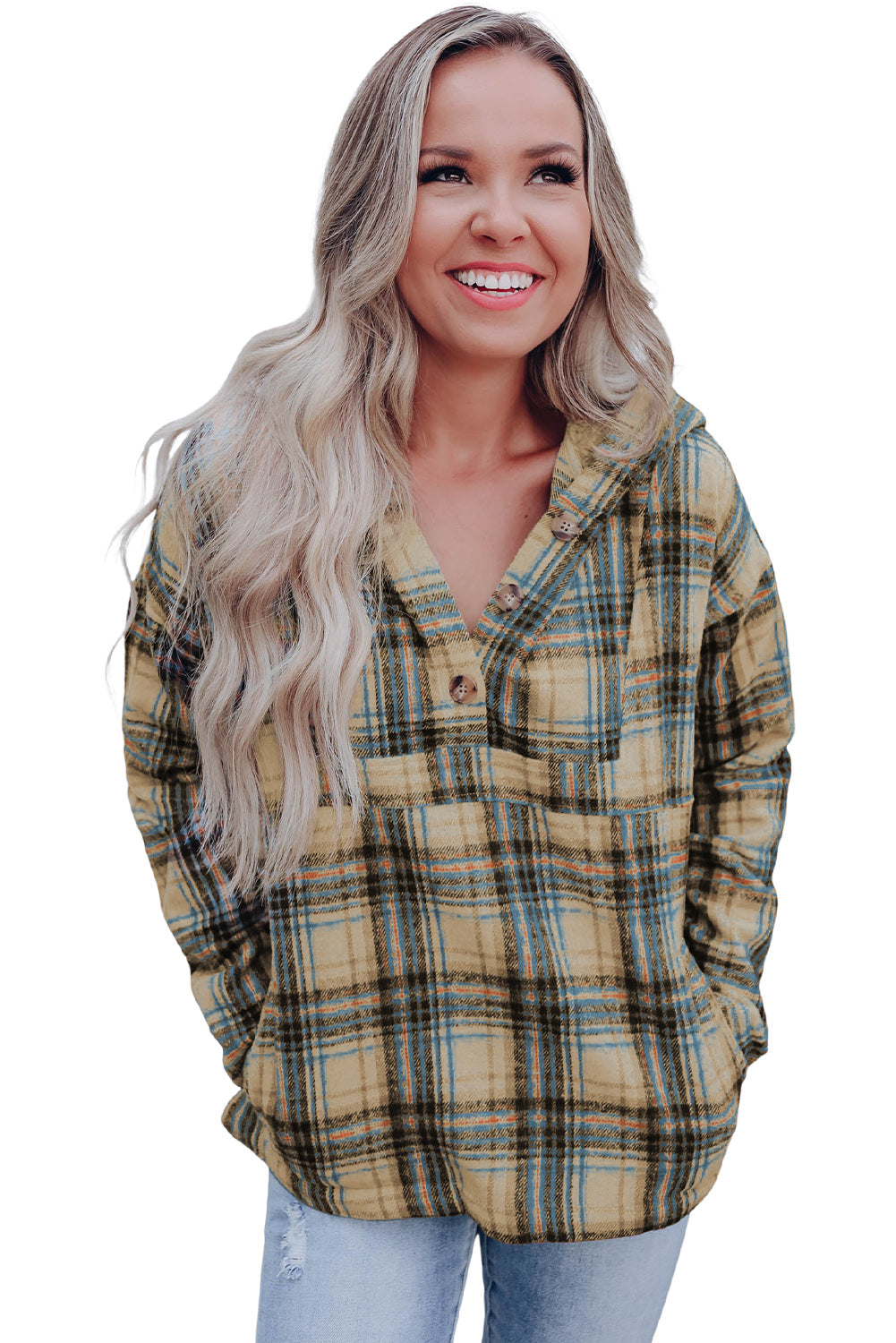 A person with long blonde hair, seen from the back, wearing a Khaki Plaid Button Neck Pocketed Pullover Hoodie and denim shorts, stands on a porch.