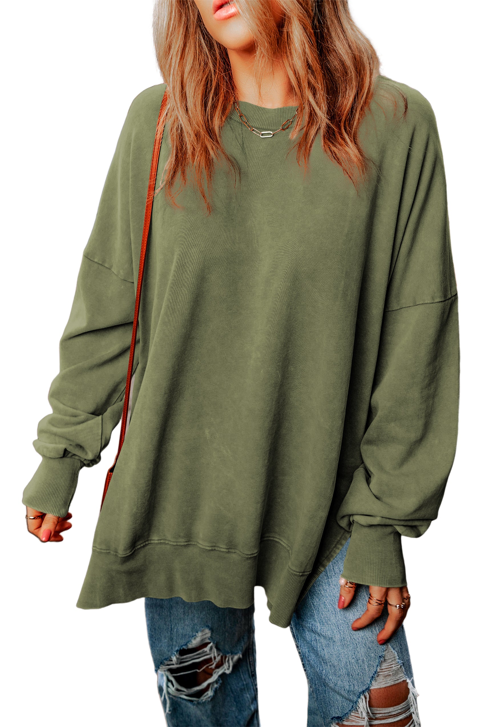 Green Drop Shoulder Ribbed Trim Oversized Sweatshirt