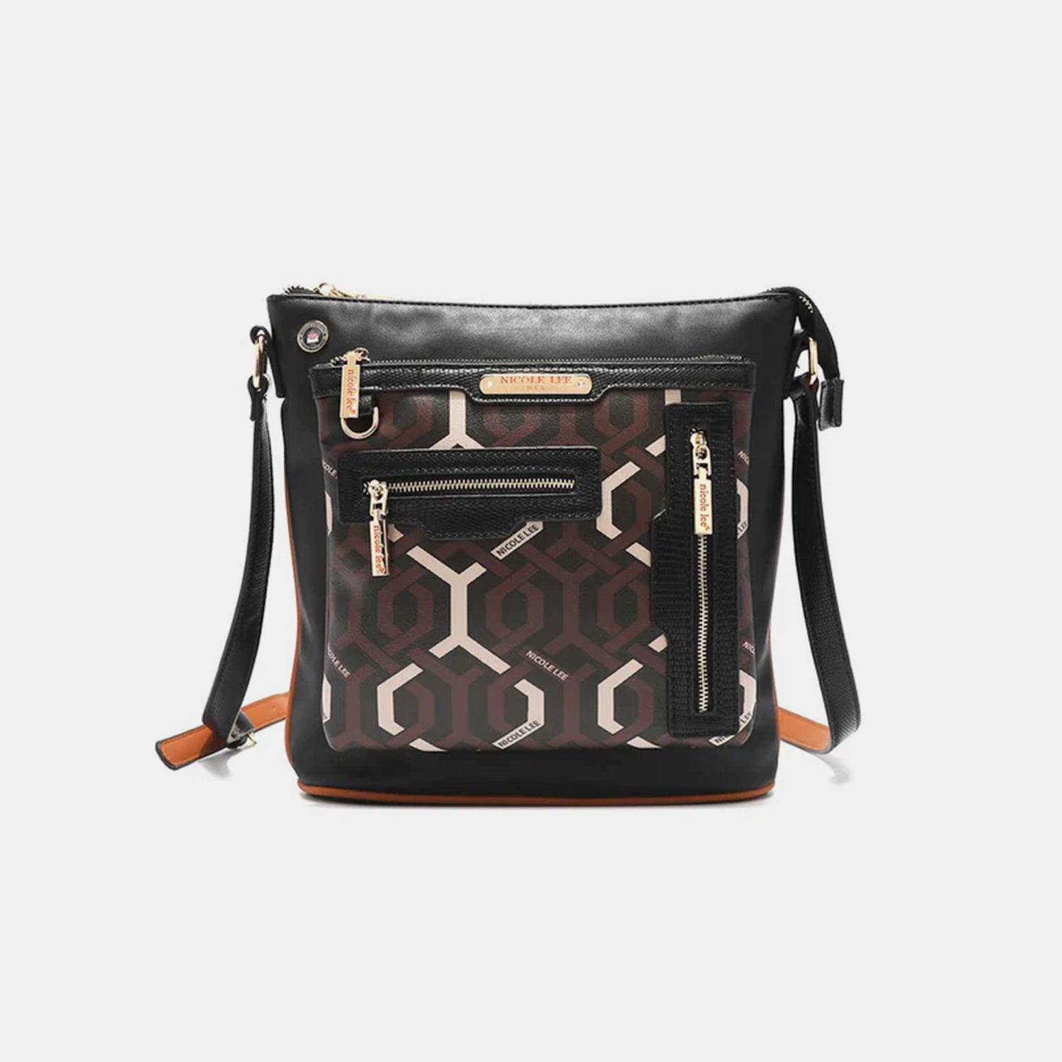 The Nicole Lee USA Geometric Pattern Crossbody Bag is a chic accessory made from vegan leather, featuring a striking geometric design, multiple front zipper pockets, and elegant gold-tone hardware.