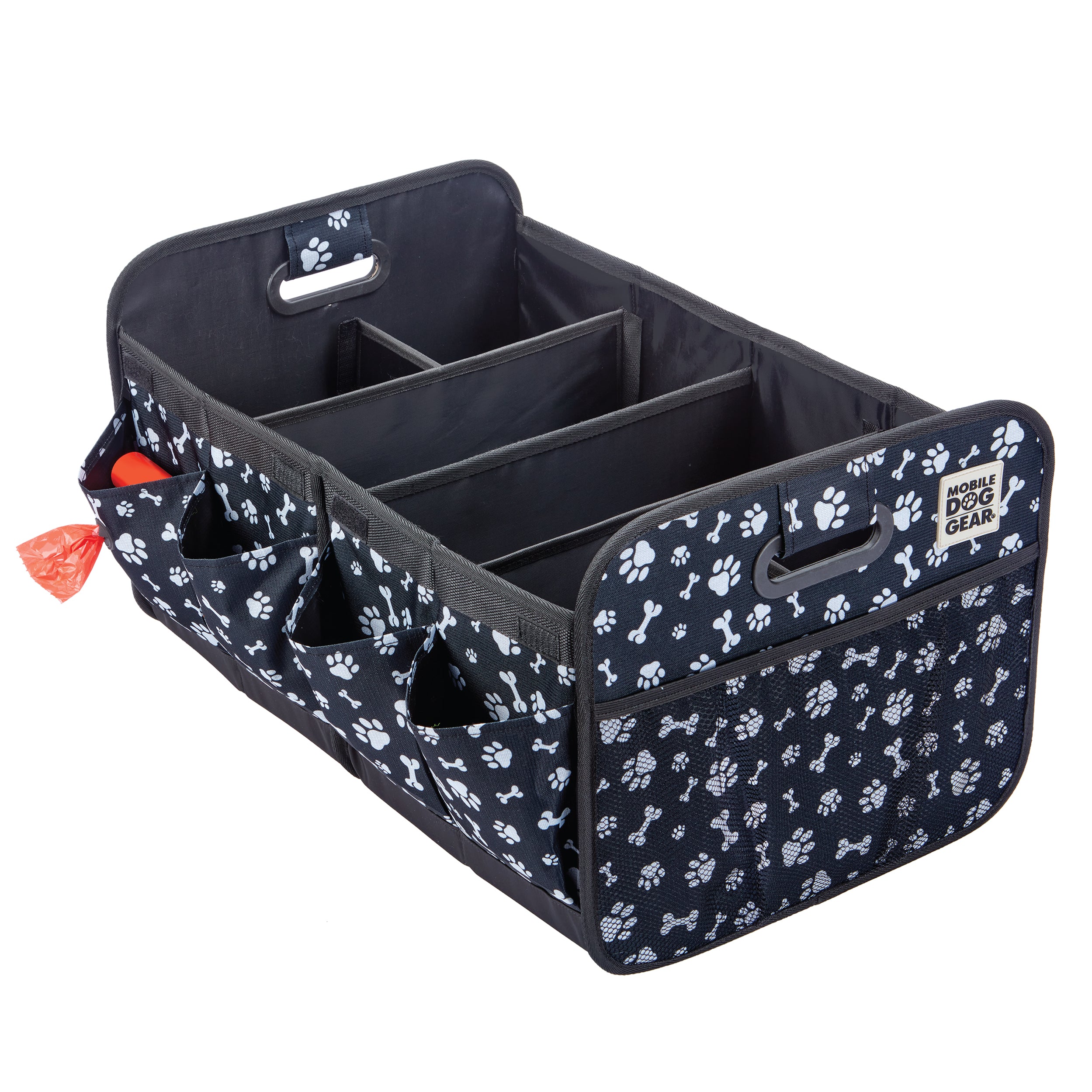 A collapsible multipurpose organizer filled with various items like bottles and bags. Text on the image reads "Great for Travel!" Perfect for dog travel essentials.