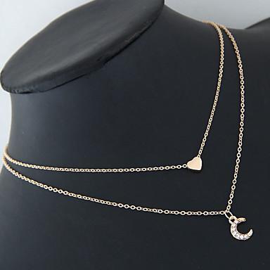 The Moon and Heart Two Layer Necklace features an adjustable chain with a small heart pendant and a crystal crescent moon embellished with clear stones.