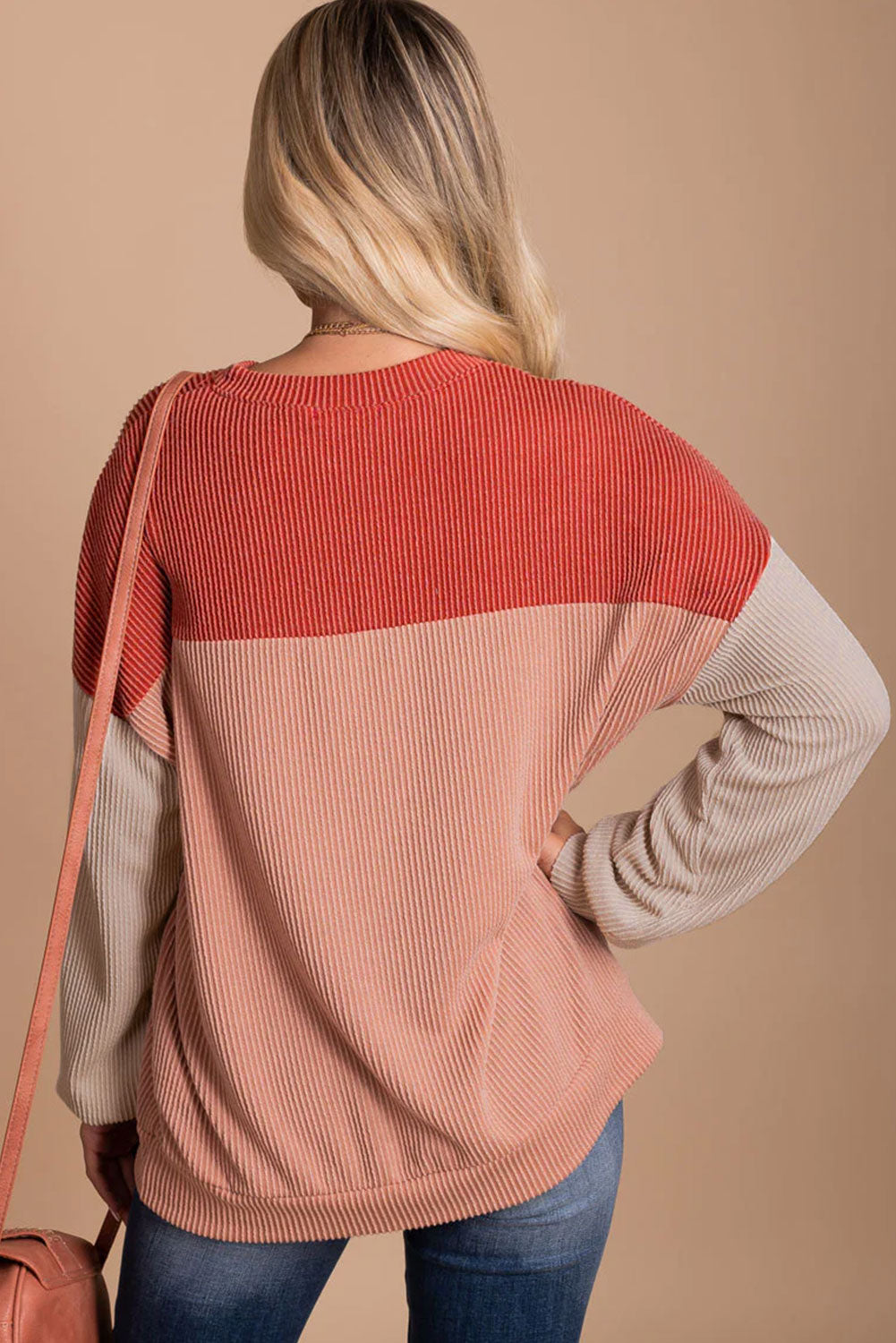Wholesale Black Color Block Corduroy Long Sleeve Tops.