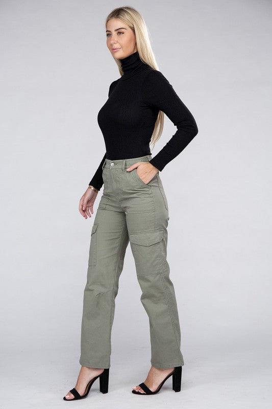 A person is wearing high-waisted, olive green Everyday Wear Elastic-Waist Cargo Pants, complemented by black high-heeled sandals.