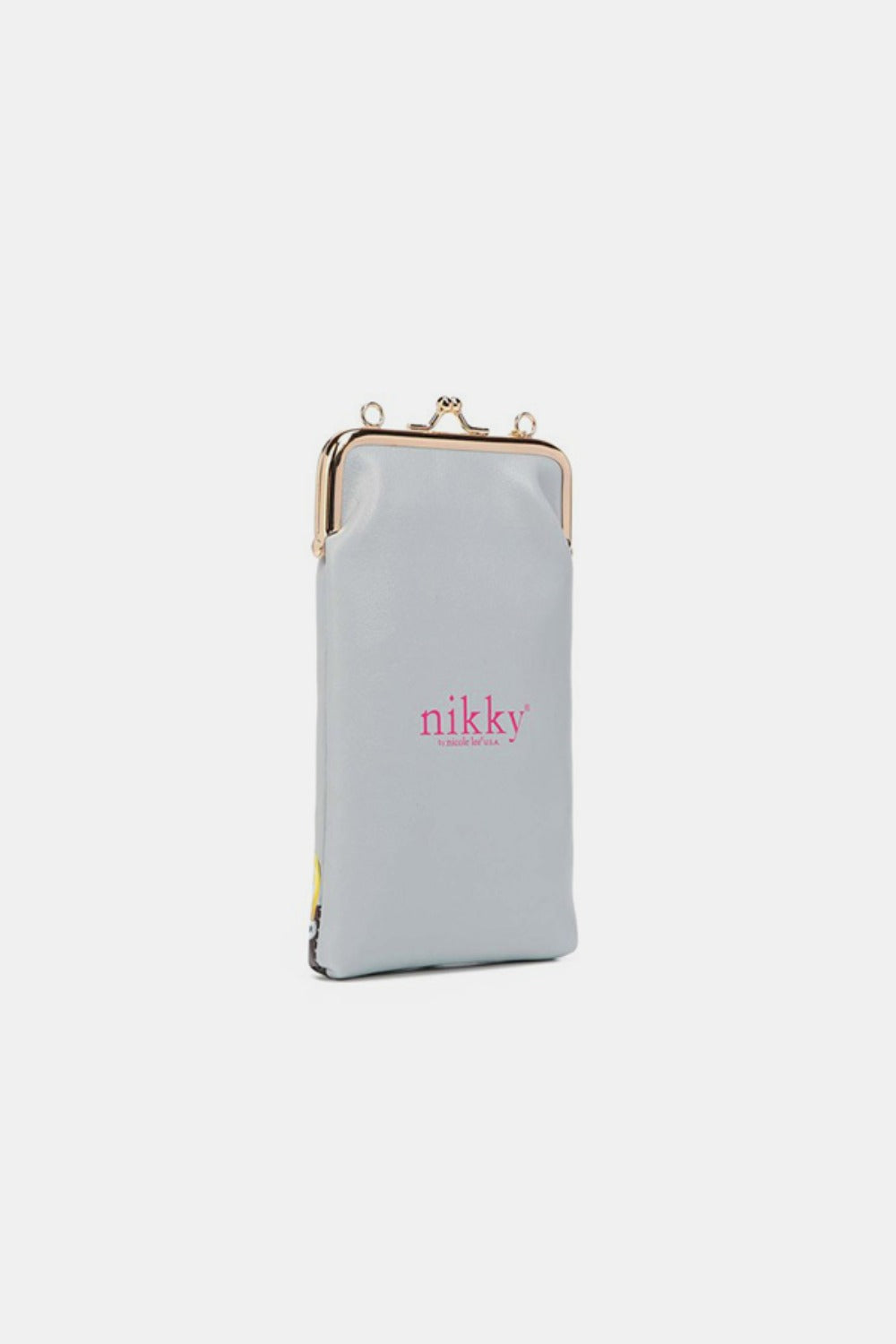 The Nicole Lee USA Printed Kisslock Phone and Sunglass Purse is a small white crossbody bag made of eco-leather with a gold chain strap, featuring an illustration of three cartoon girls and the text "Fierce and Forever.