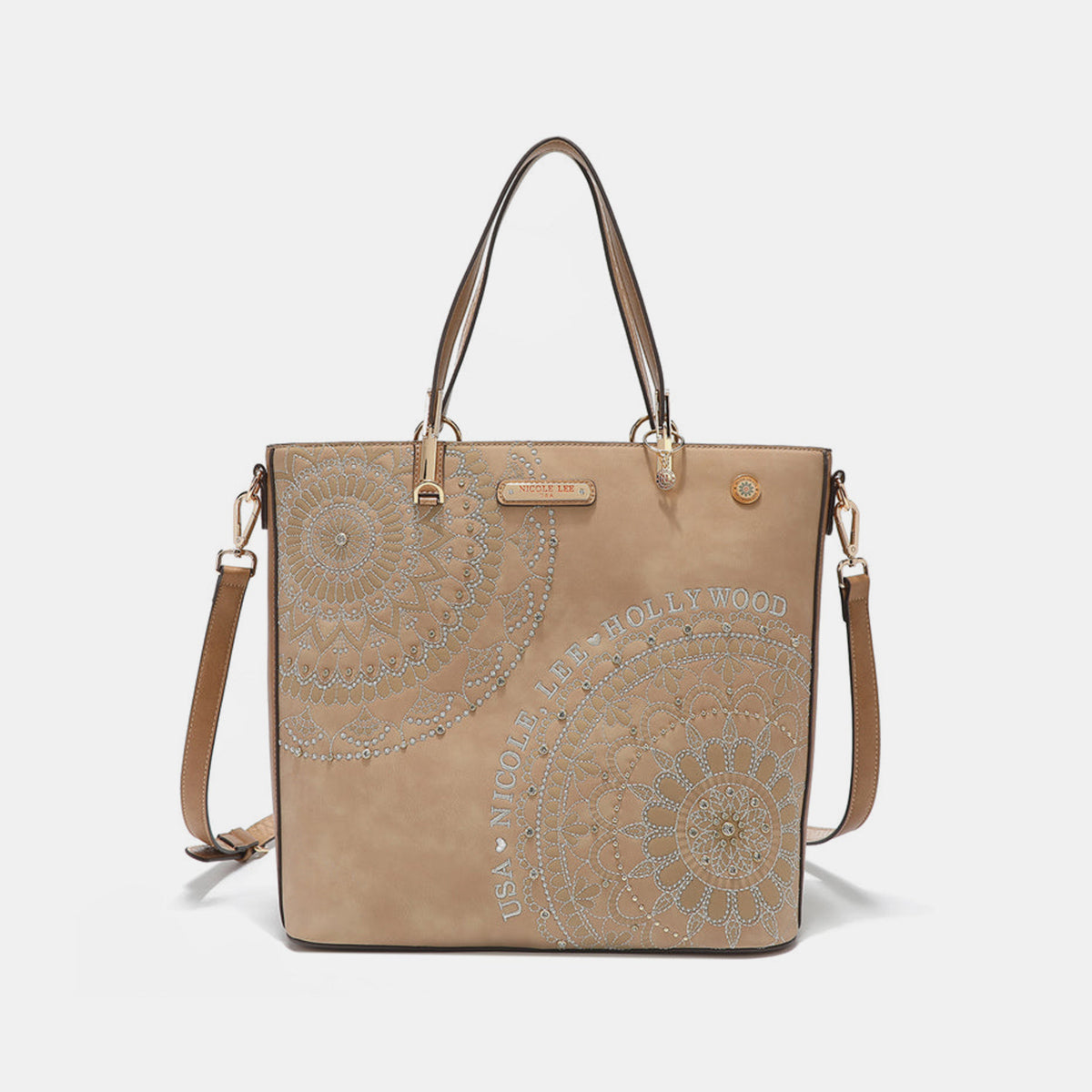 The Nicole Lee USA Metallic Stitching Embroidery Inlaid Rhinestone Tote Bag is a medium shopper in brown, crafted from vegan leather with intricate white mandala patterns and text that reads "USA Nicole Lee Hollywood." It features two shoulder straps, diamond rhinestones, and a decorative emblem on the front.