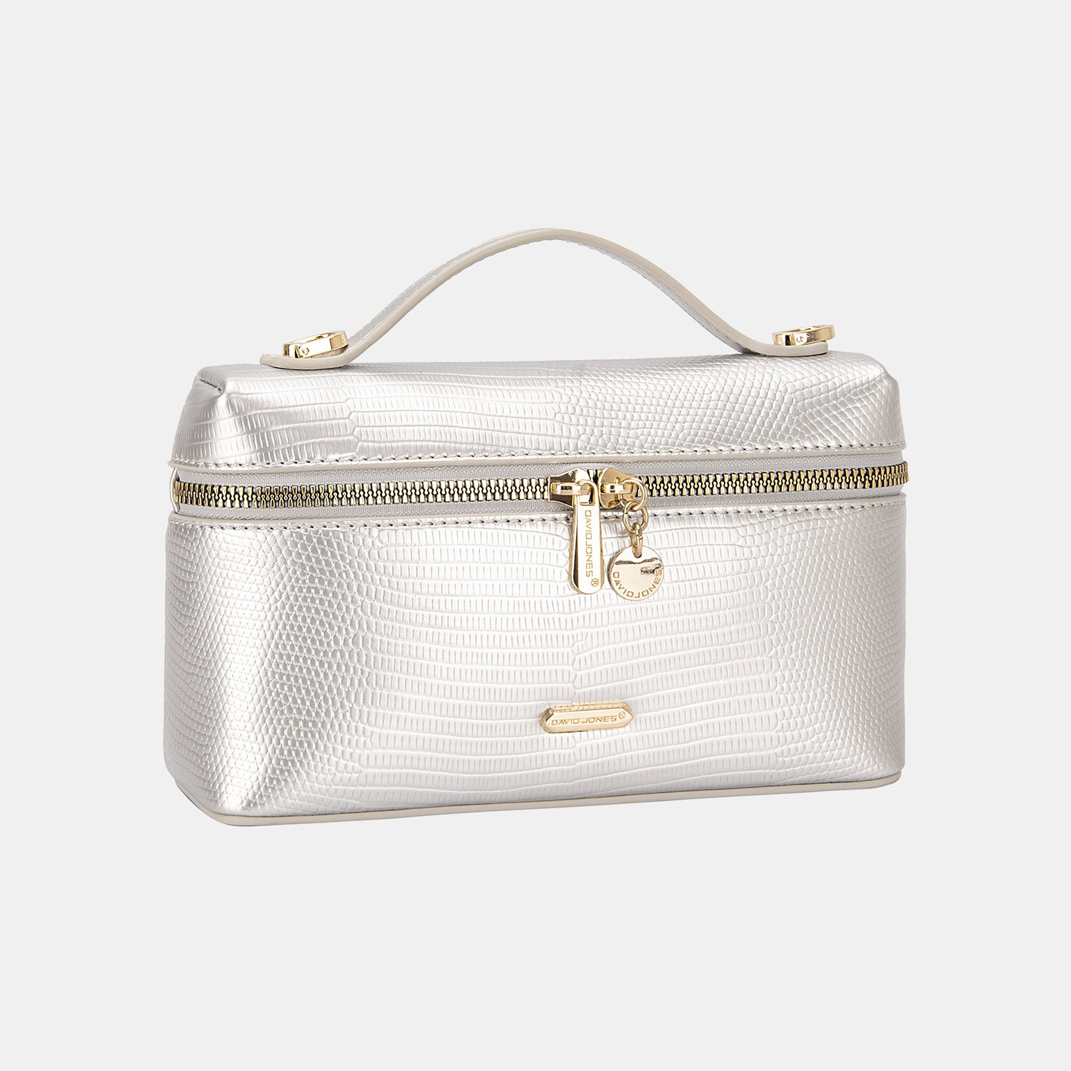 The David Jones Texture PU Leather Handbag is a cream-colored cosmetic bag featuring a convenient handle and is crafted from textured PU leather, complete with a gold zipper adorned with a small lock charm.