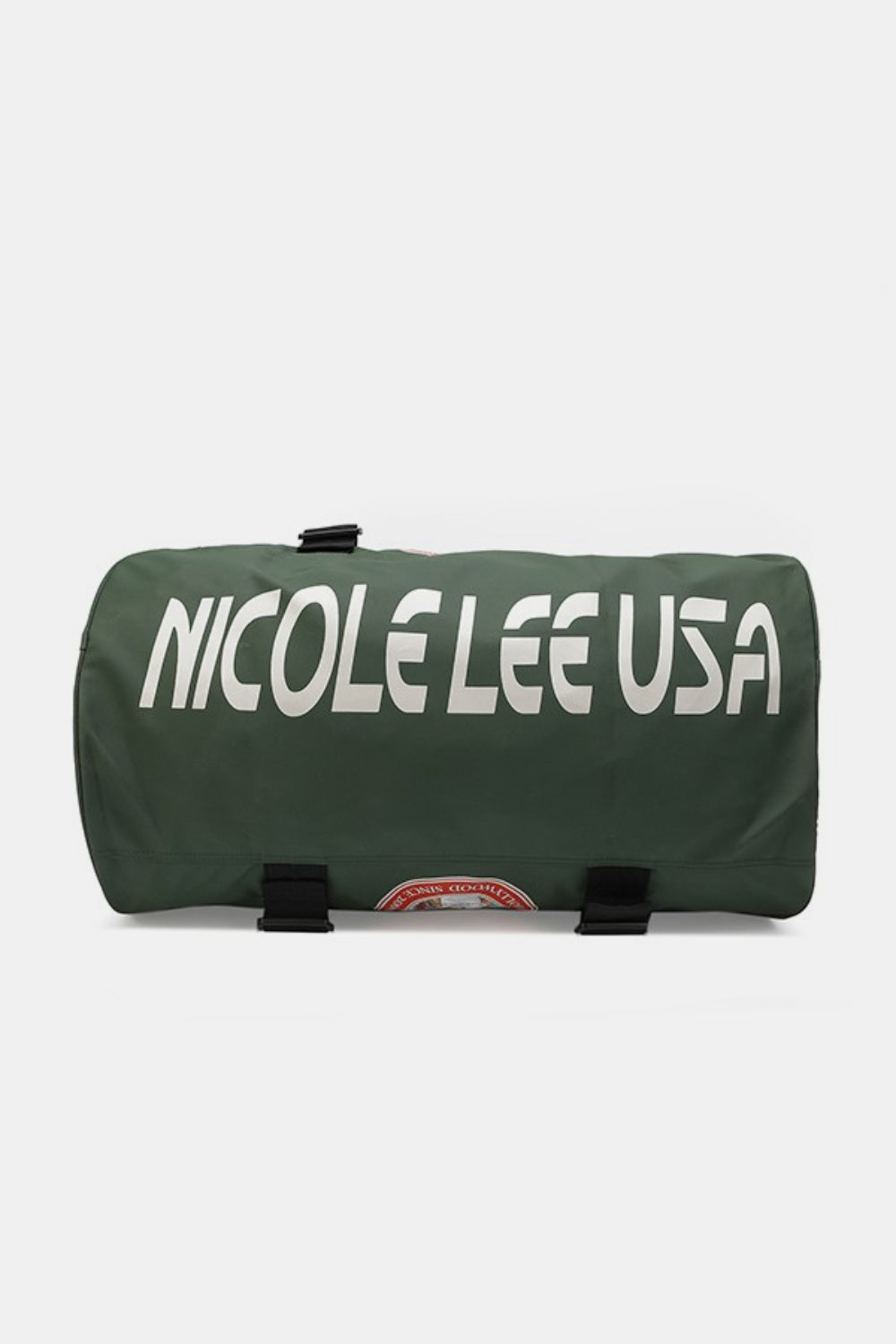 The Nicole Lee USA Large Duffel Bag is a lightweight, green bag with black straps and handles, featuring the "Nicole Lee USA" logo in the center and offering versatile carrying options.