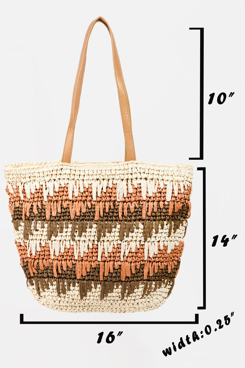 A Fame Straw Braided Striped Tote Bag featuring tan handles and a checkered pattern in cream, brown, and terracotta colors.