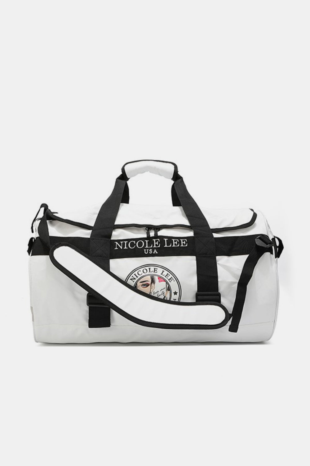 The Nicole Lee USA Large Duffel Bag is a lightweight, green bag with black straps and handles, featuring the "Nicole Lee USA" logo in the center and offering versatile carrying options.