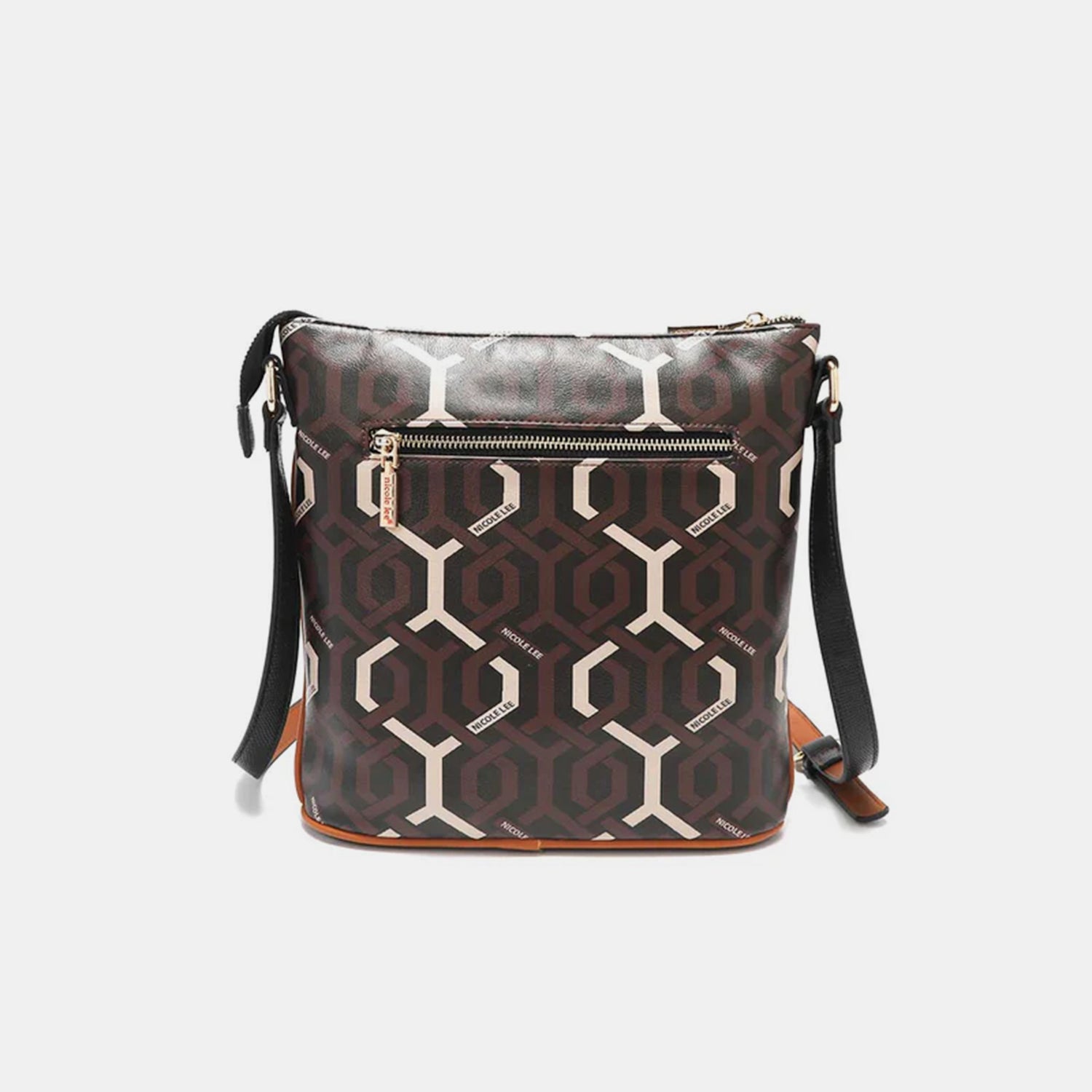 The Nicole Lee USA Geometric Pattern Crossbody Bag is a chic accessory made from vegan leather, featuring a striking geometric design, multiple front zipper pockets, and elegant gold-tone hardware.