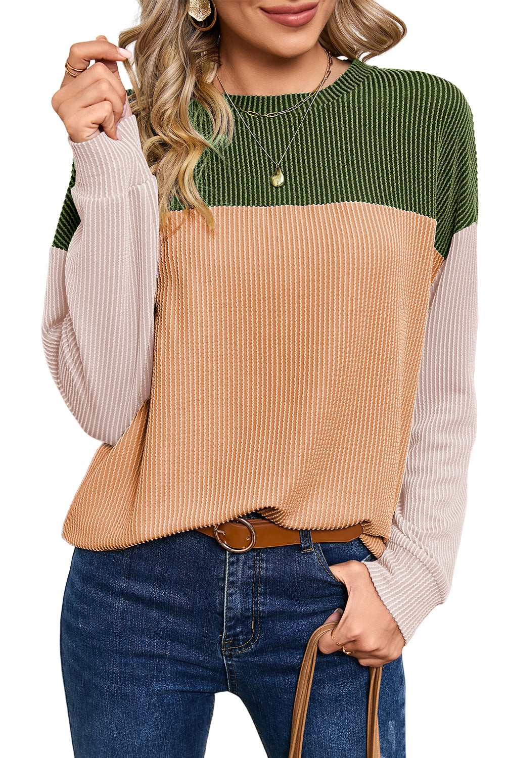 Wholesale Black Color Block Corduroy Long Sleeve Tops.