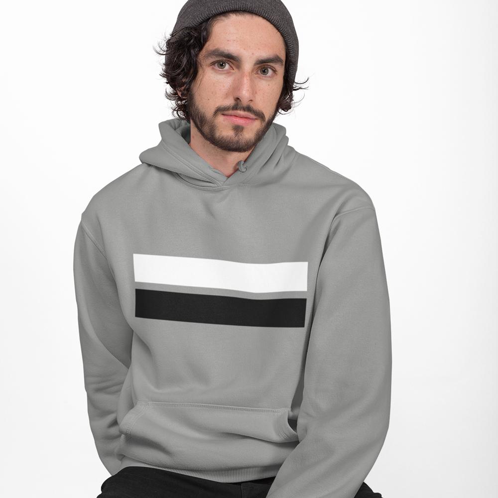 A man wearing a grey Mens Double Stripe Hoodie, looking directly at the camera against a white background.