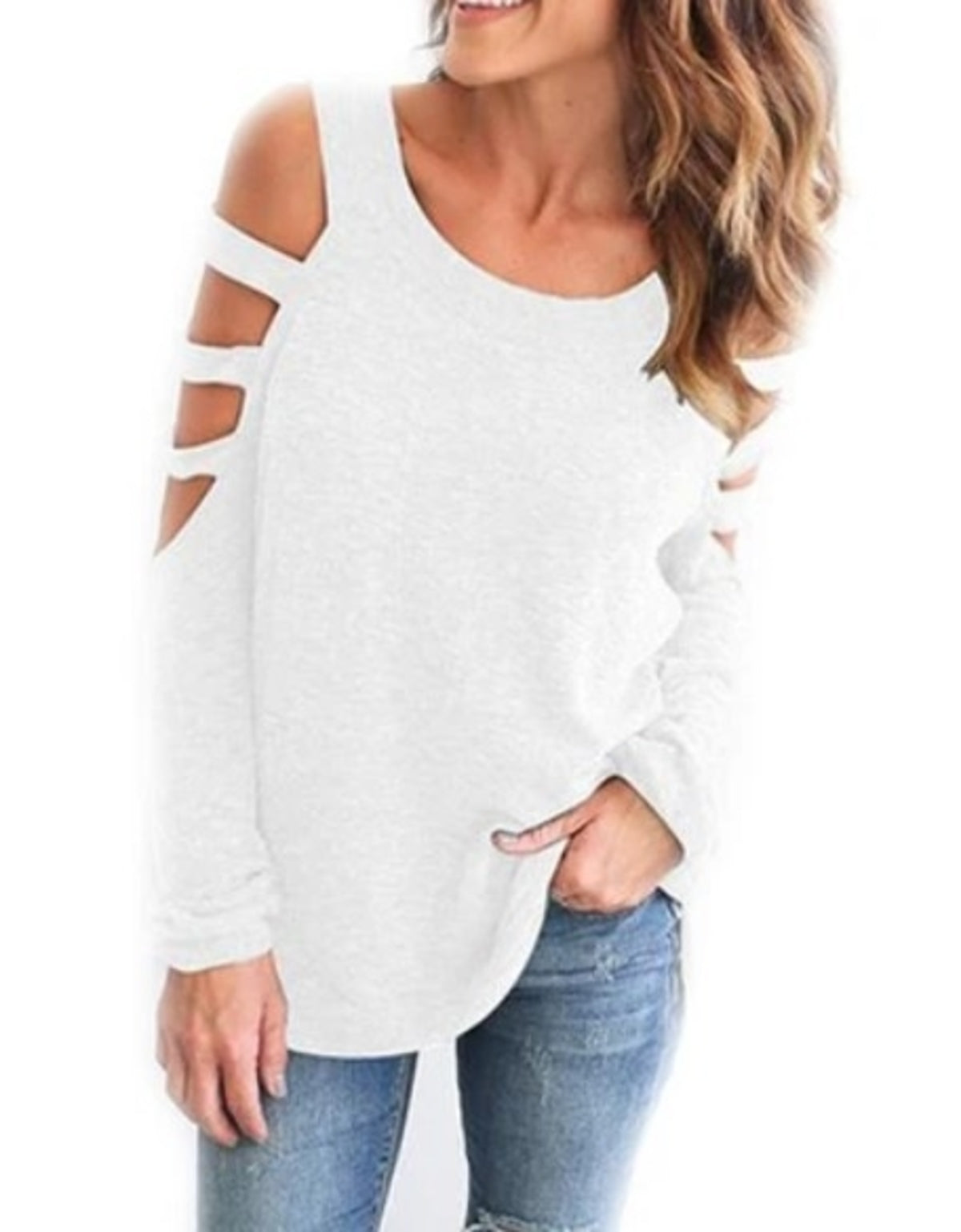 A woman rocking a trendy white Womens Open Shoulder Long Sleeve Casual Top and jeans for her street style look.