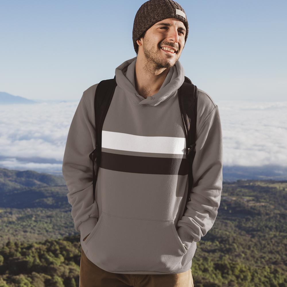 A man wearing a grey Mens Double Stripe Hoodie, looking directly at the camera against a white background.