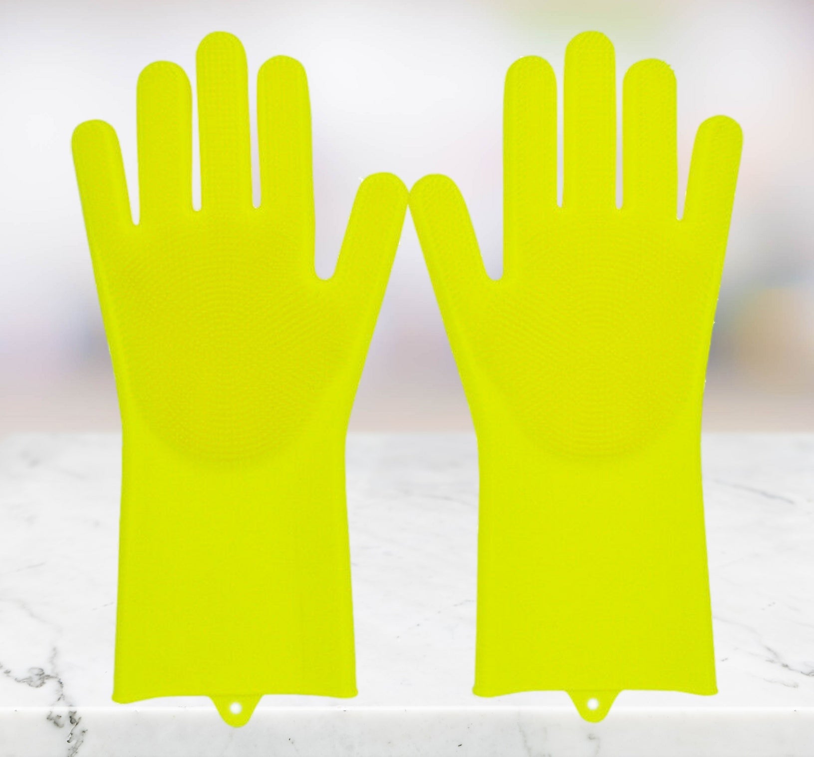 A set of Lime Sunflower's Glove Brush Washing Gloves Silicone kitchen Cleaning Scrubbing Glove with a dog and a dog.