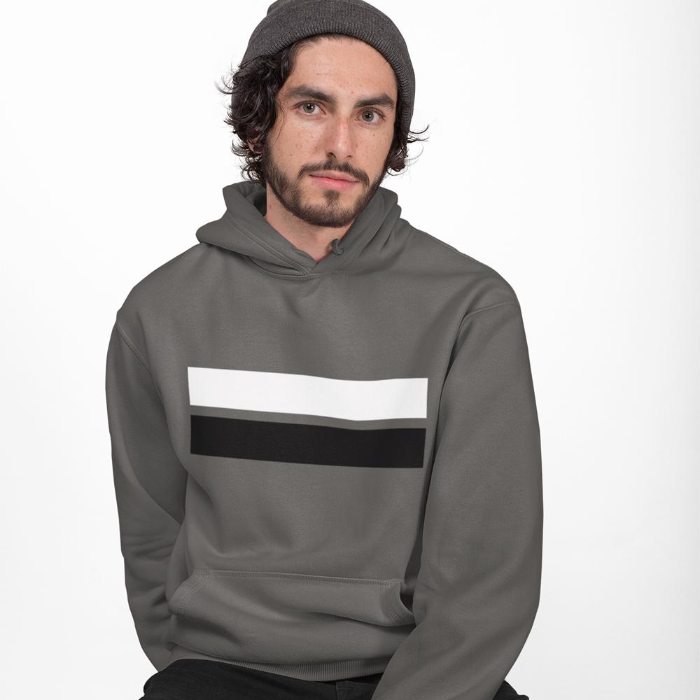 A man wearing a grey Mens Double Stripe Hoodie, looking directly at the camera against a white background.