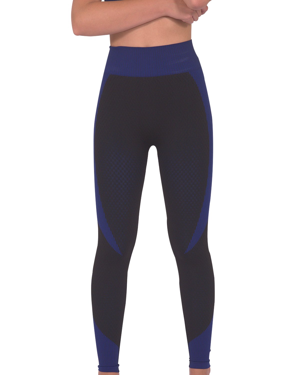 Person in a workout outfit showcasing the back view of Trois Seamless Legging - Black with Navy and a matching sports bra against a white background, highlighting the high-compression bodycon fabric.