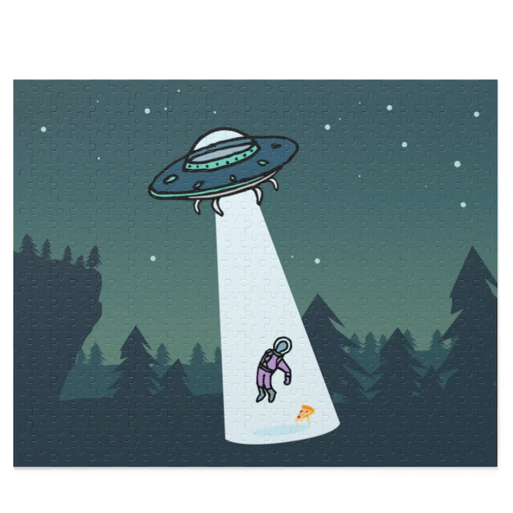 Illustration of a UFO abducting an astronaut in a forest at night, depicted on an Alien Abduction with Pizza Jigsaw Puzzle 500-Piece.