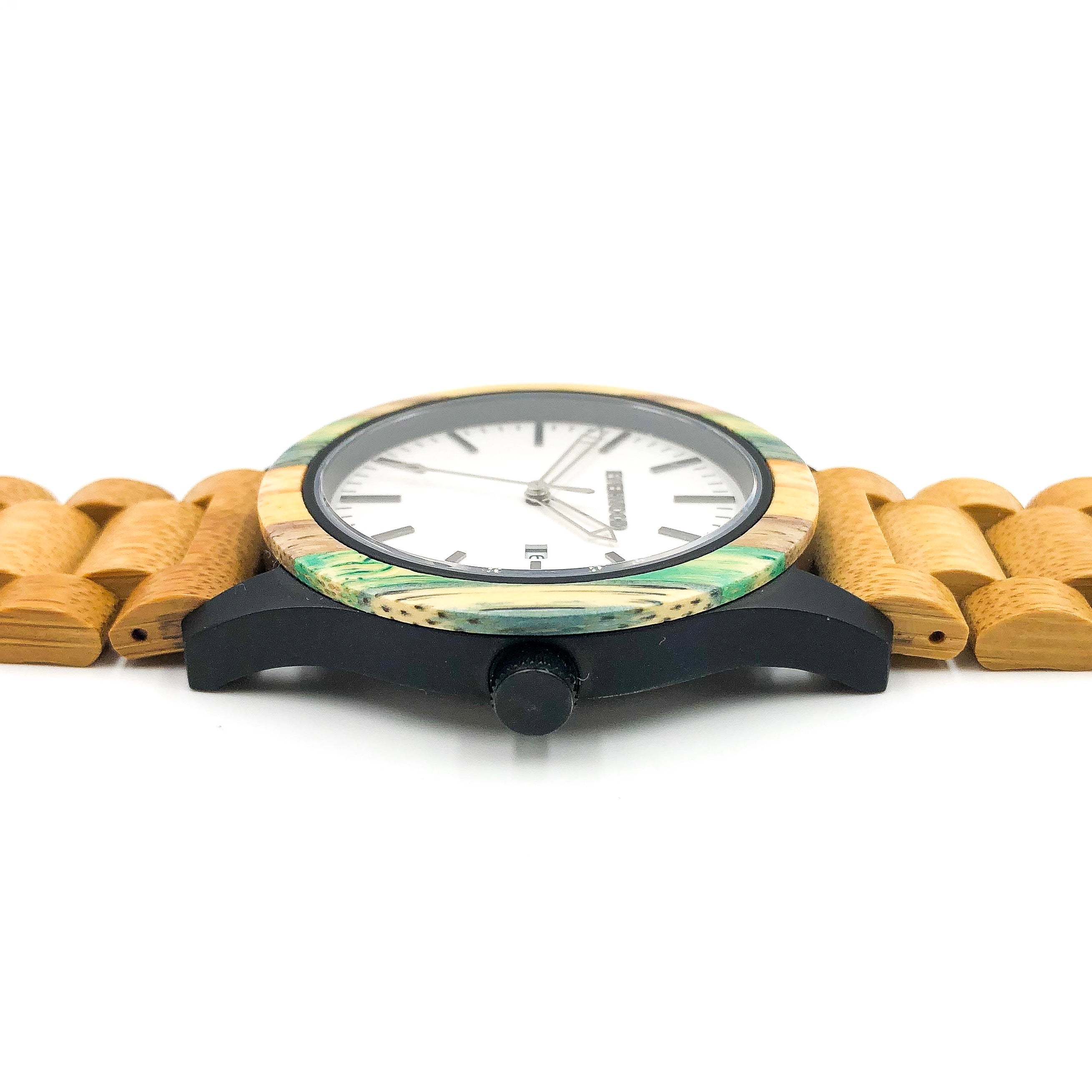 An Inverness - Multi Bamboo Limited Edition wooden watch with a yellow band from Loe.