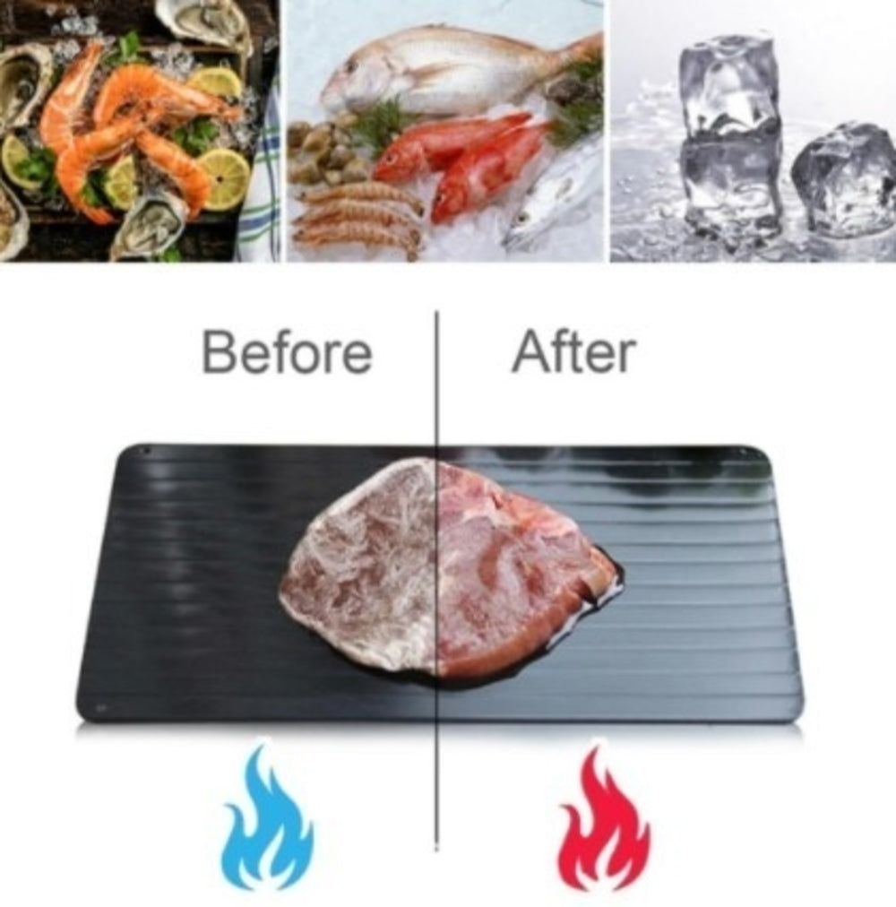 Collage illustrating various seafood dishes and ice cubes tagged "before," and a raw steak divided between cooked and uncooked sides on a plate labeled "after," featuring blue and red flame icons, highlighting the Fast Defrosting Thaw Food Tray for Meat and Seafood.