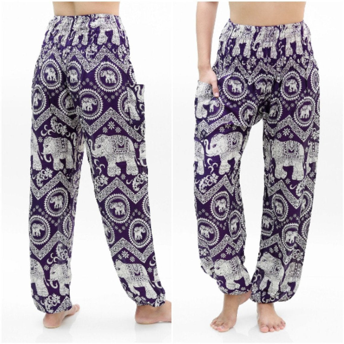 Two views of a person wearing the Purple ELEPHANT Pants: Women Boho Pants Hippie Pants Yoga, showcasing the intricate purple and white elephant patterns. Front and back views are provided to highlight the elastic waist and 100% rayon fabric.