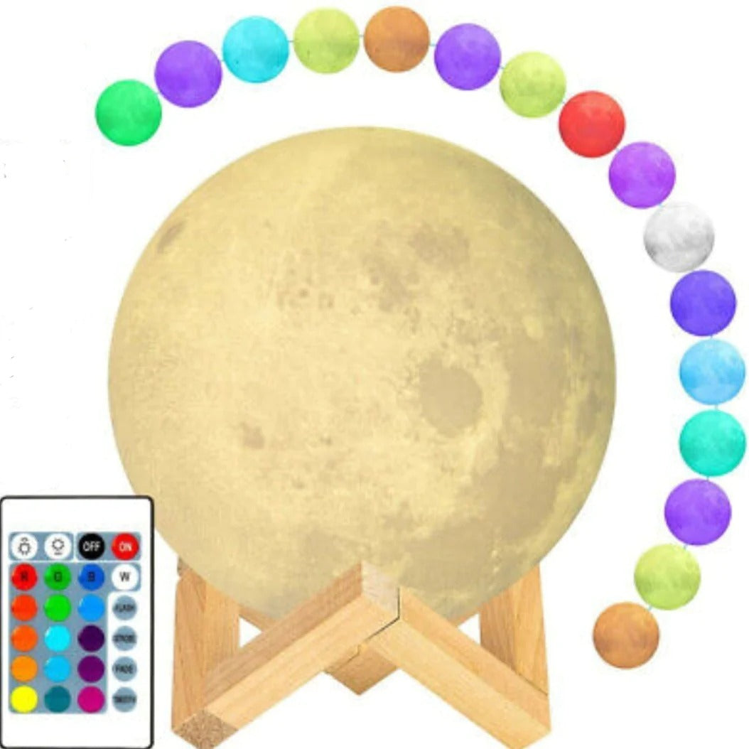 A Glowing Moon Lamp with stand with different colored balls and a remote control.