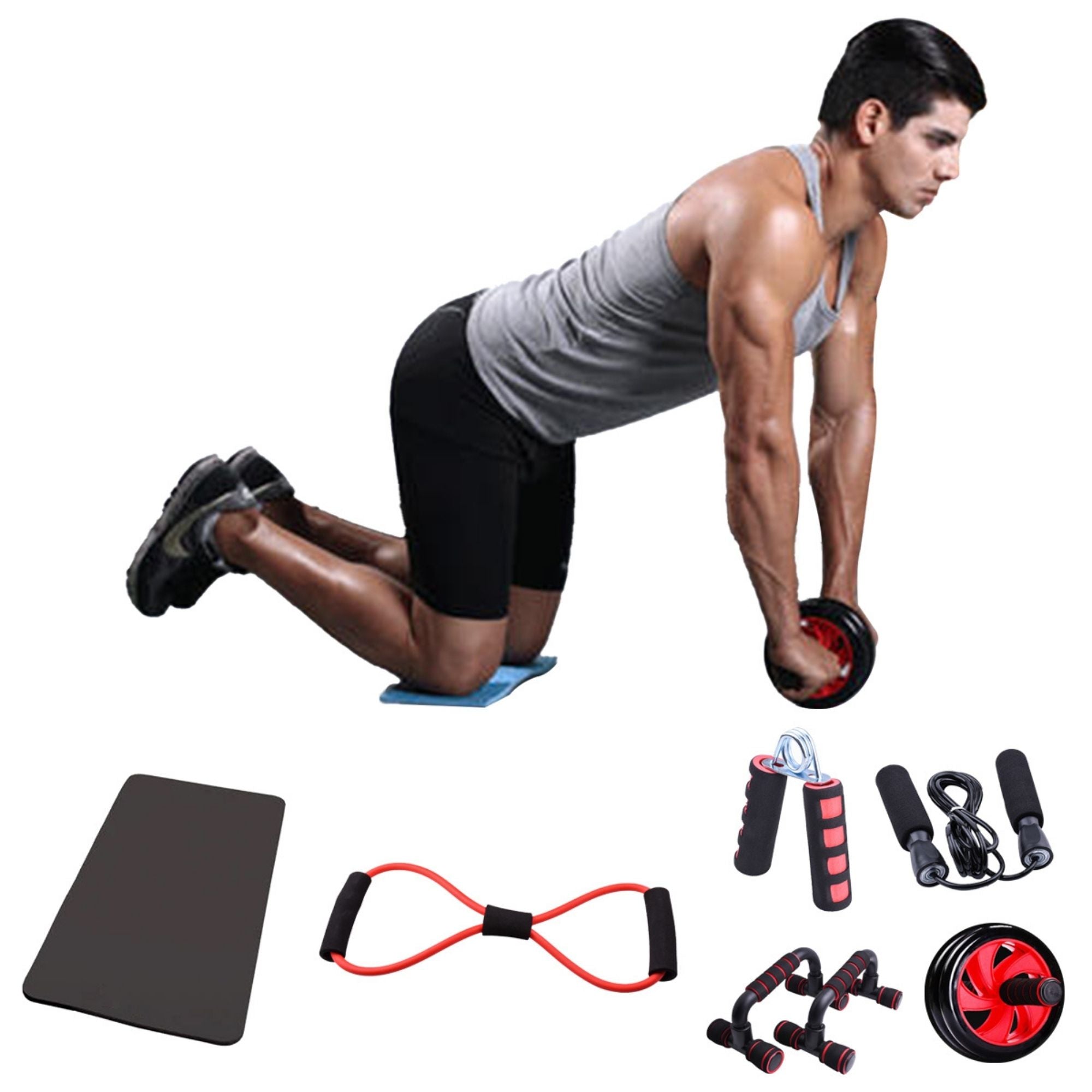 A man is using a 6 Piece Premium Workout Set to boost his push up exercise and sculpt his body.